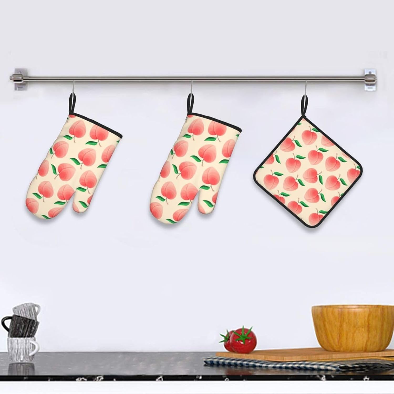 Peach Oven Mitts Set 3 Piece Non-Slip Heat Resistant Gloves