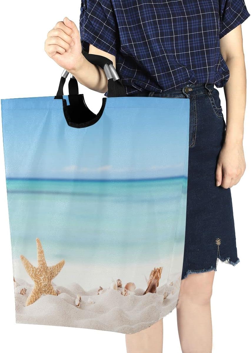 Exnundod Summer Starfish Laundry Hamper with Handle 1