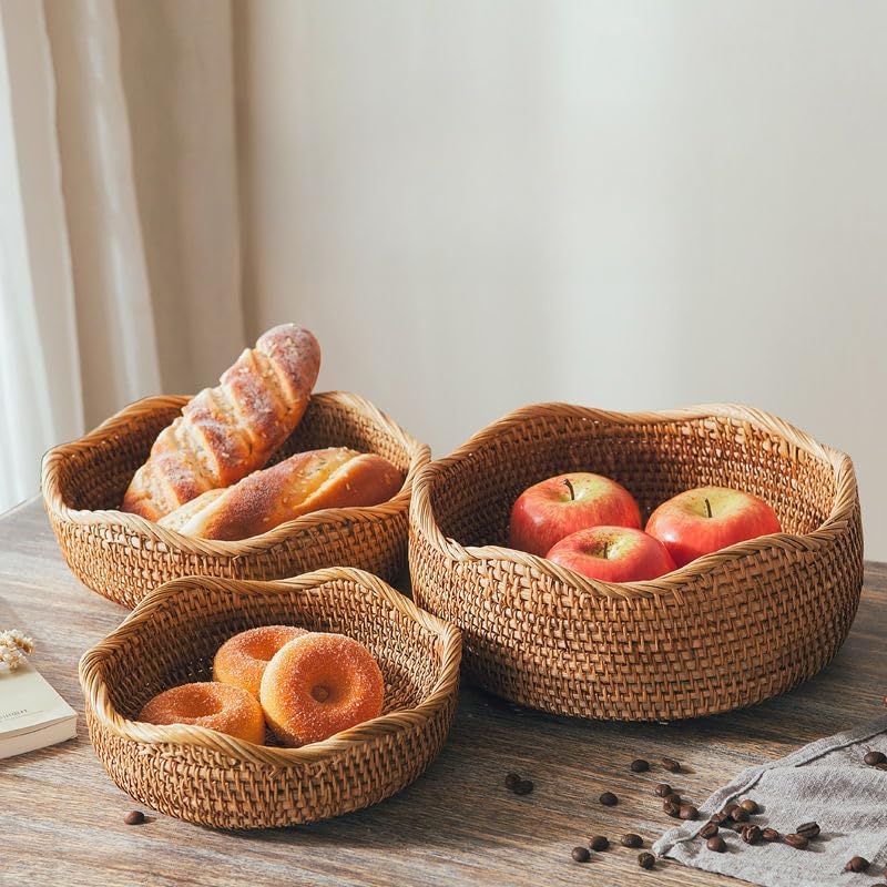 XIMISISE Rattan Bread Basket Set of 3 Wave Pattern