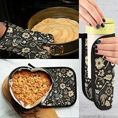 Poeticcity Halloween Sugar Skull Oven Mitts Set Heat Resistant Kitchen Gloves and Potholders