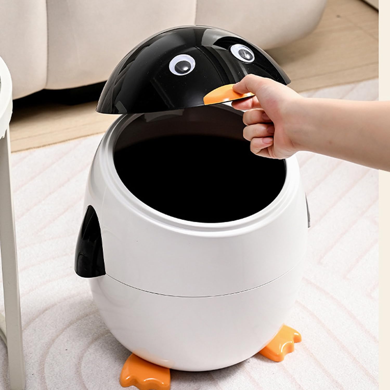 Cute Penguin Plastic Trash Can with Lid for Home Office Kitchen