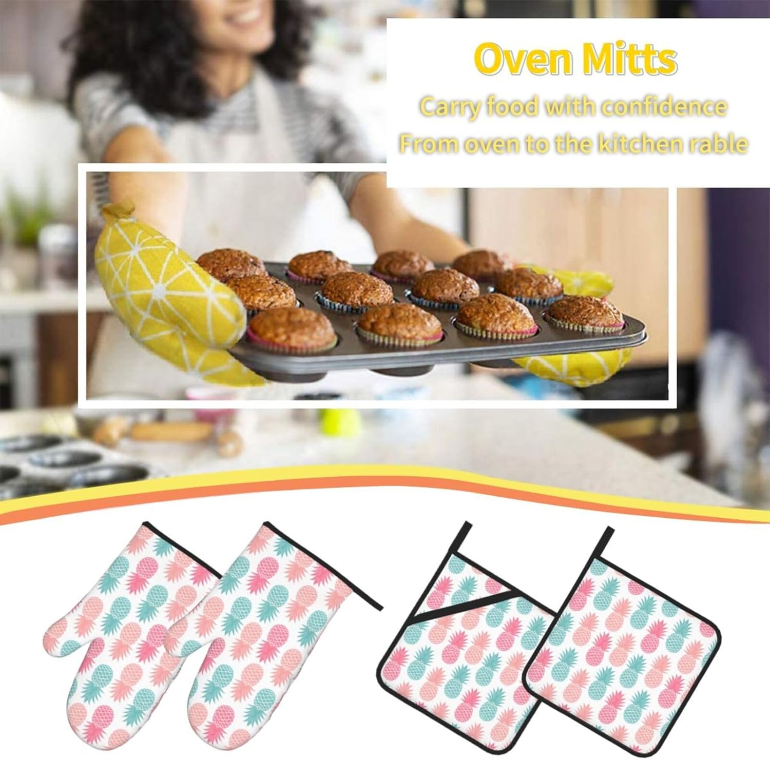 Pineapple Oven Mitts 4 Pcs Set for Kitchen Cooking