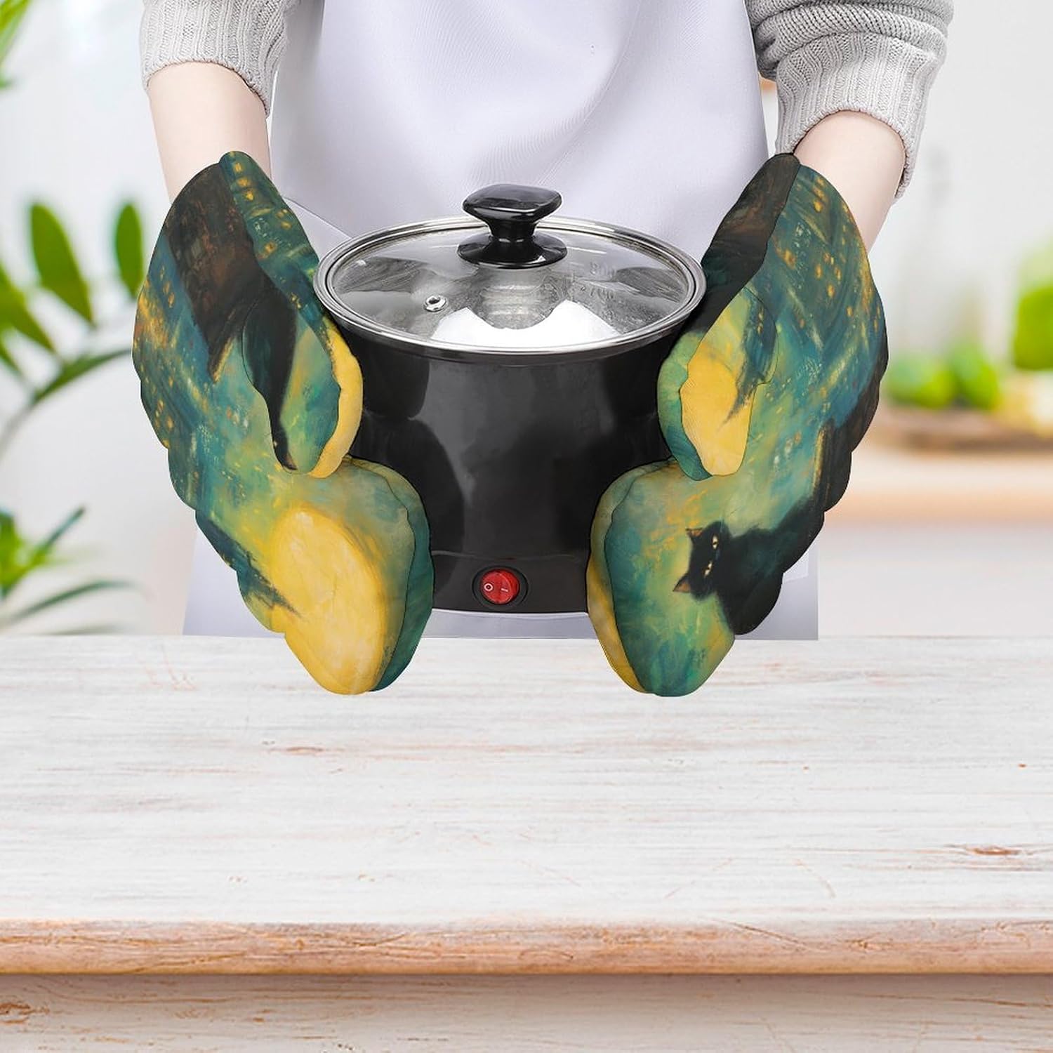 Black Cat Oven Mitts 2 Pcs Halloween Non-Slip Heat Resistant Baking Gloves