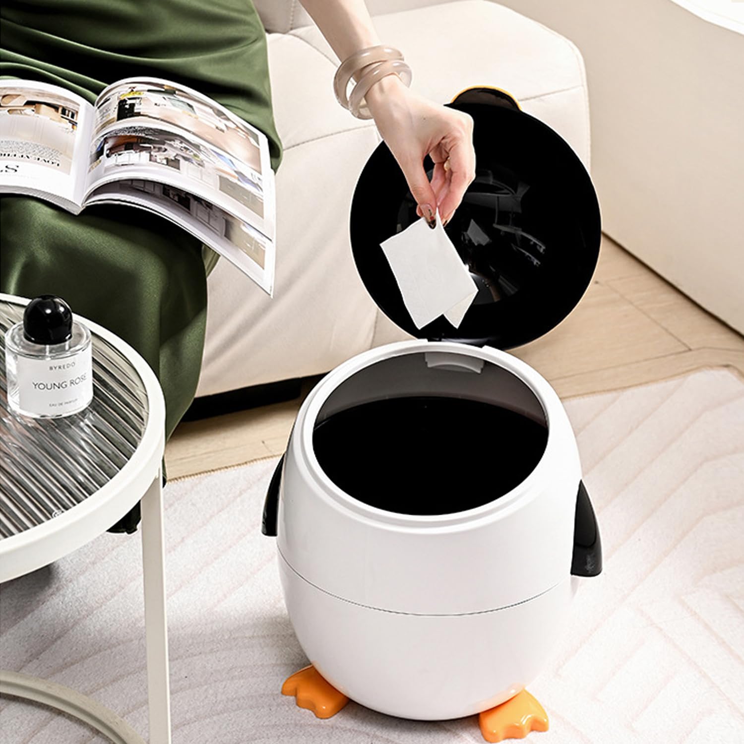 Cute Penguin Plastic Trash Can with Lid for Home Office Kitchen