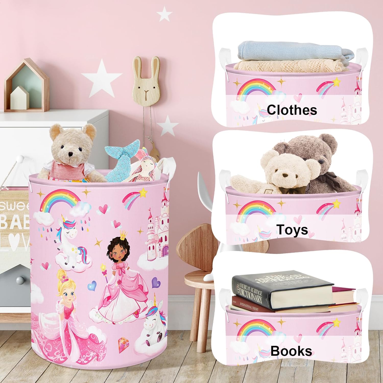 Clastyle Unicorn Princess Laundry Hamper with Lid and Handle