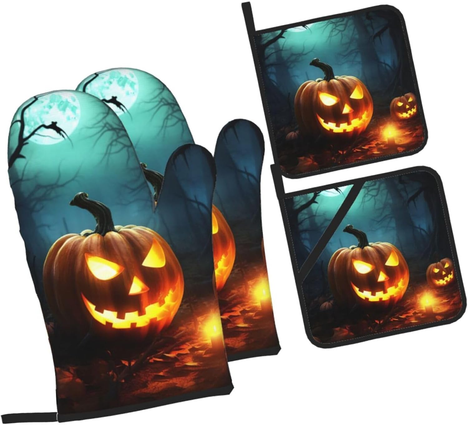 Happy Halloween Pumpkins Oven Mitts 4-Piece Set