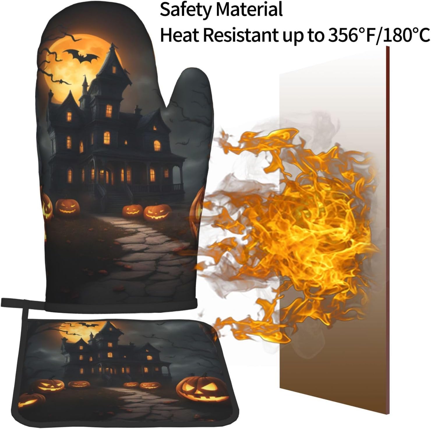 Halloween Horror Oven Mitts Set with Heat-Resistant Silicone Stripes