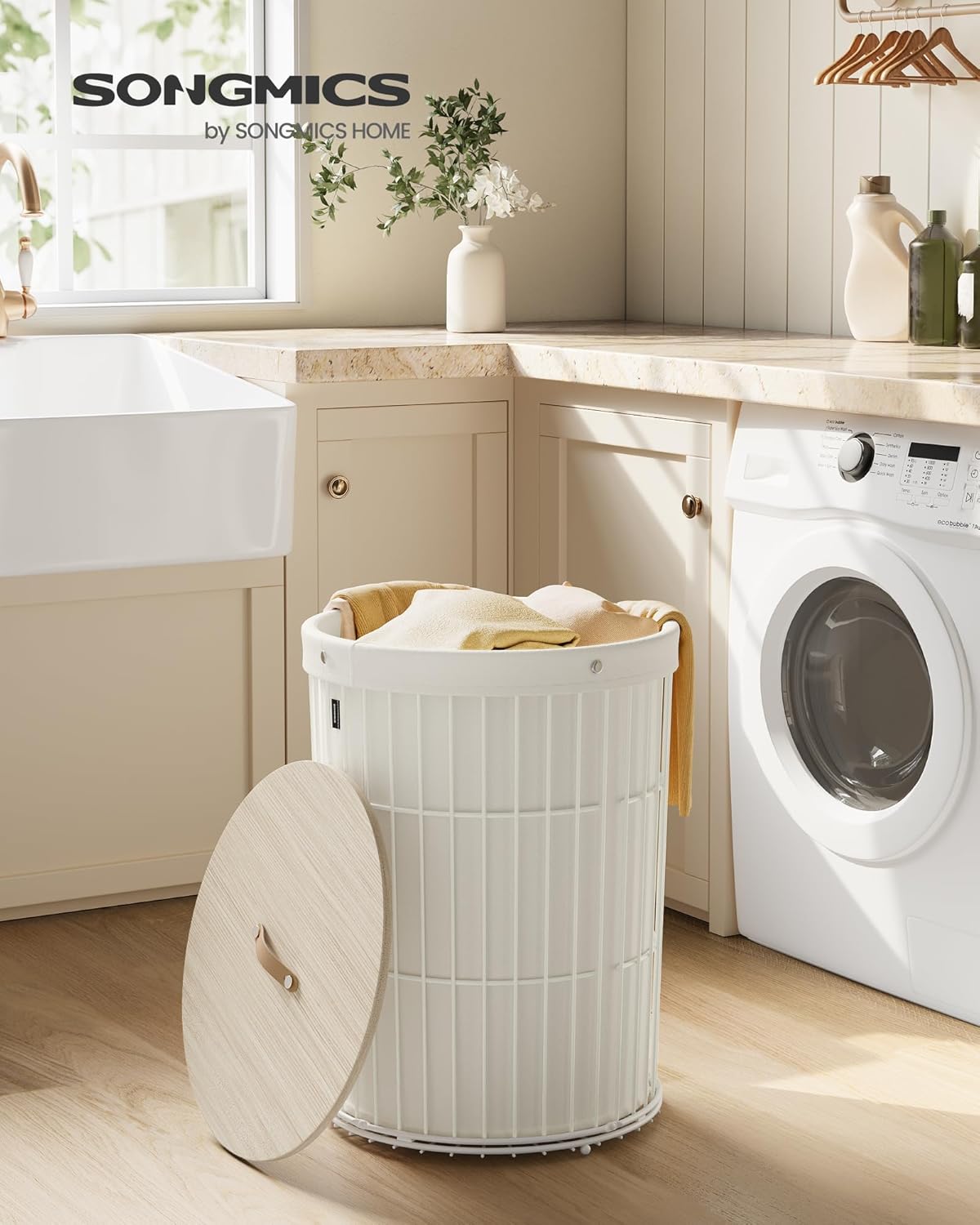 SONGMICS Laundry Hamper with Lid 25 Gallons Cream White