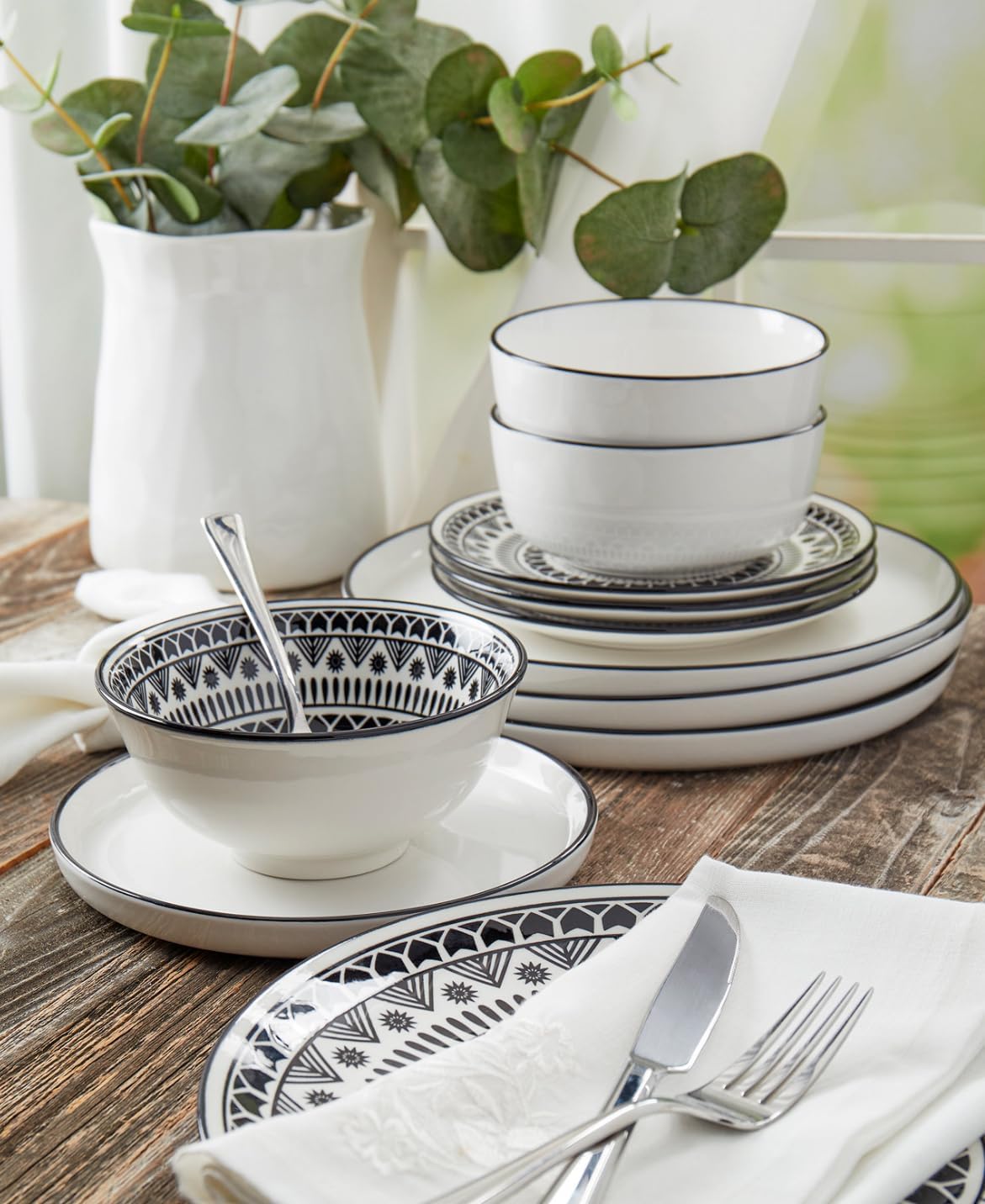 12 Piece Black Pad Print Dinnerware Set 1