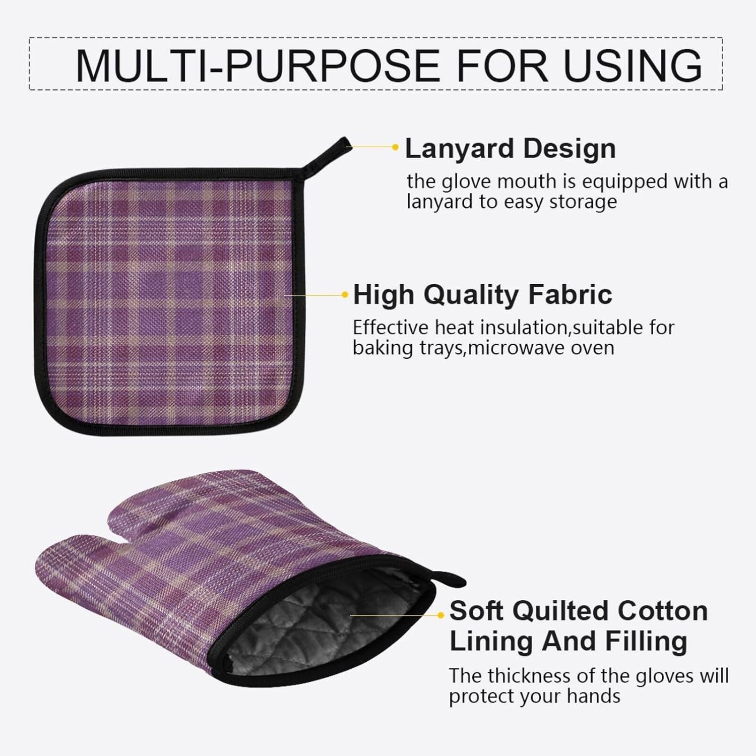 Gkseojer Purple Plaid Oven Mitts and Pot Holders Set 1
