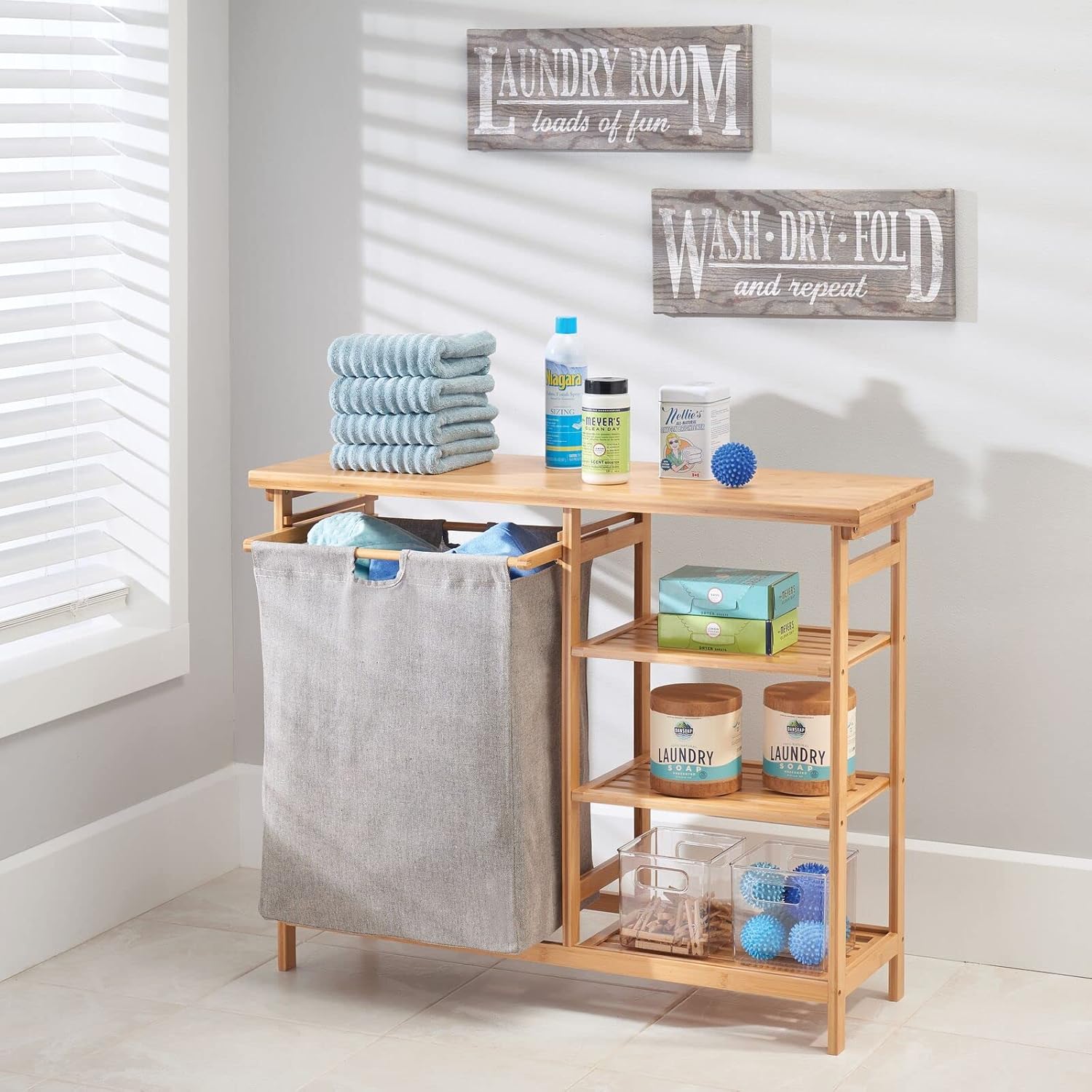 mDesign Bamboo Laundry Hamper with Shelves and Storage Surface