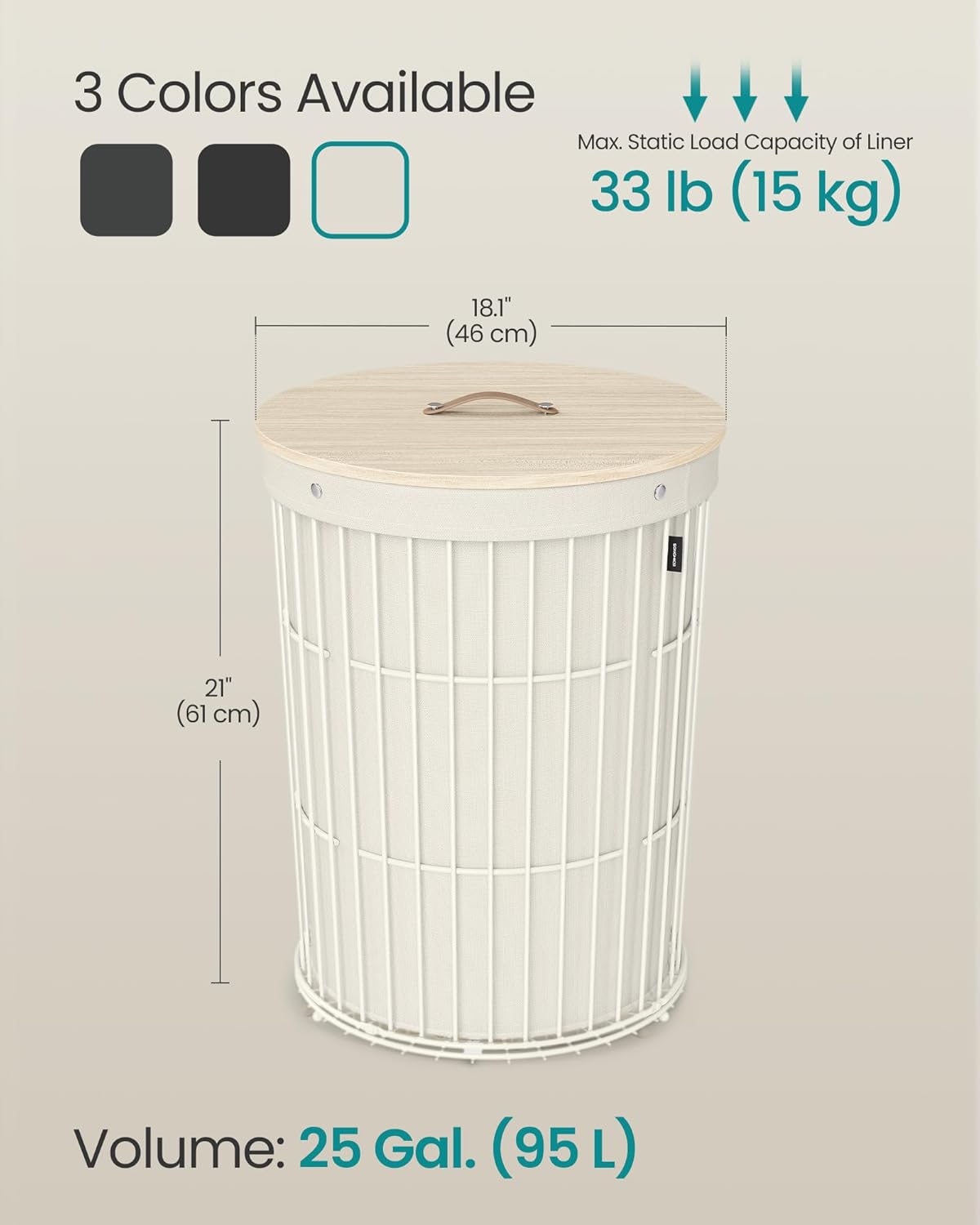 SONGMICS Laundry Hamper with Lid 25 Gallons Cream White