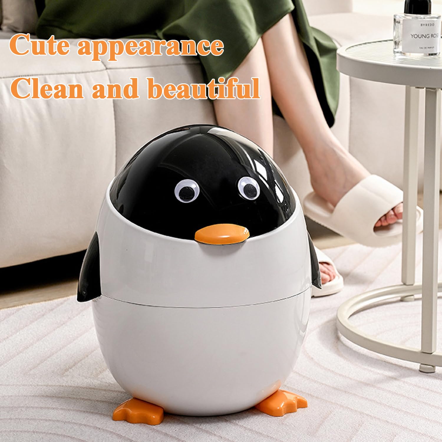 Cute Penguin Plastic Trash Can with Lid for Home Office Kitchen