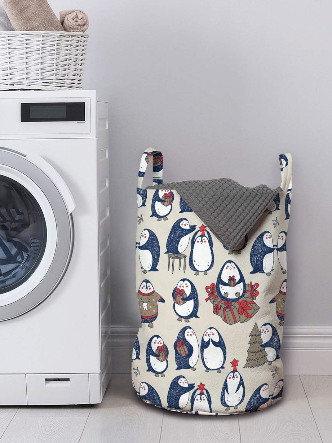 Ambesonne Christmas Laundry Bag with Penguins and Stars Design