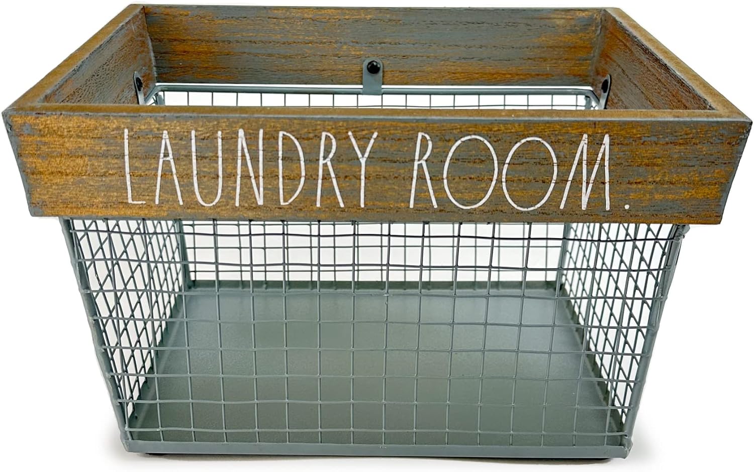 Rae Dunn Wire Laundry Basket Metal and Grey Wood