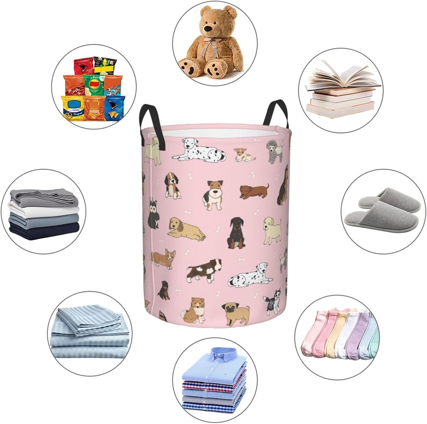 Gbuzozie Cute Dogs Pink Laundry Hamper Storage Basket with Handles 38L