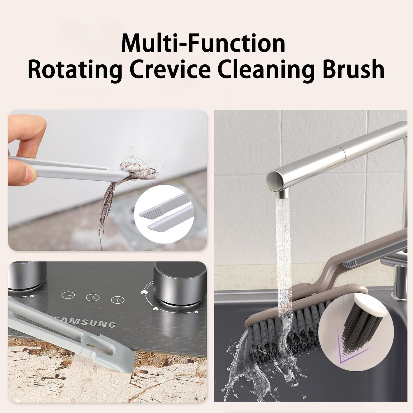 MFROO Crevice Brush with Trash Picker 360-Degree Rotating Hard Bristle