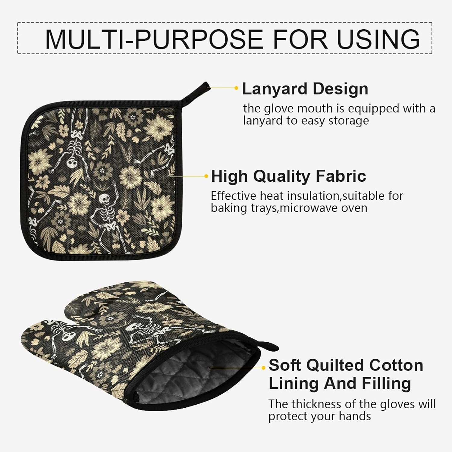 Poeticcity Halloween Sugar Skull Oven Mitts Set Heat Resistant Kitchen Gloves and Potholders