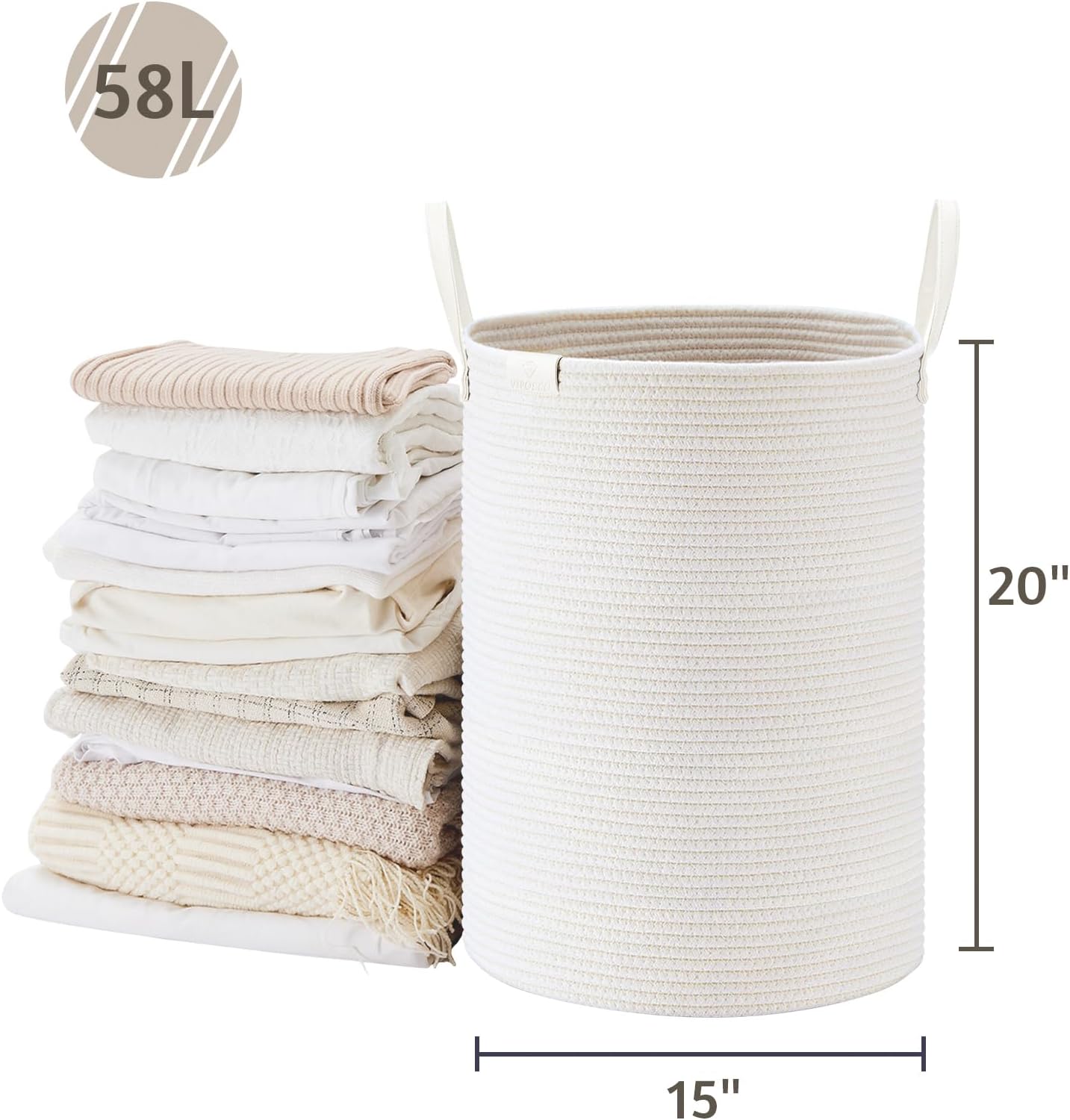 VIPOSCO Tall Laundry Basket 58L White Woven