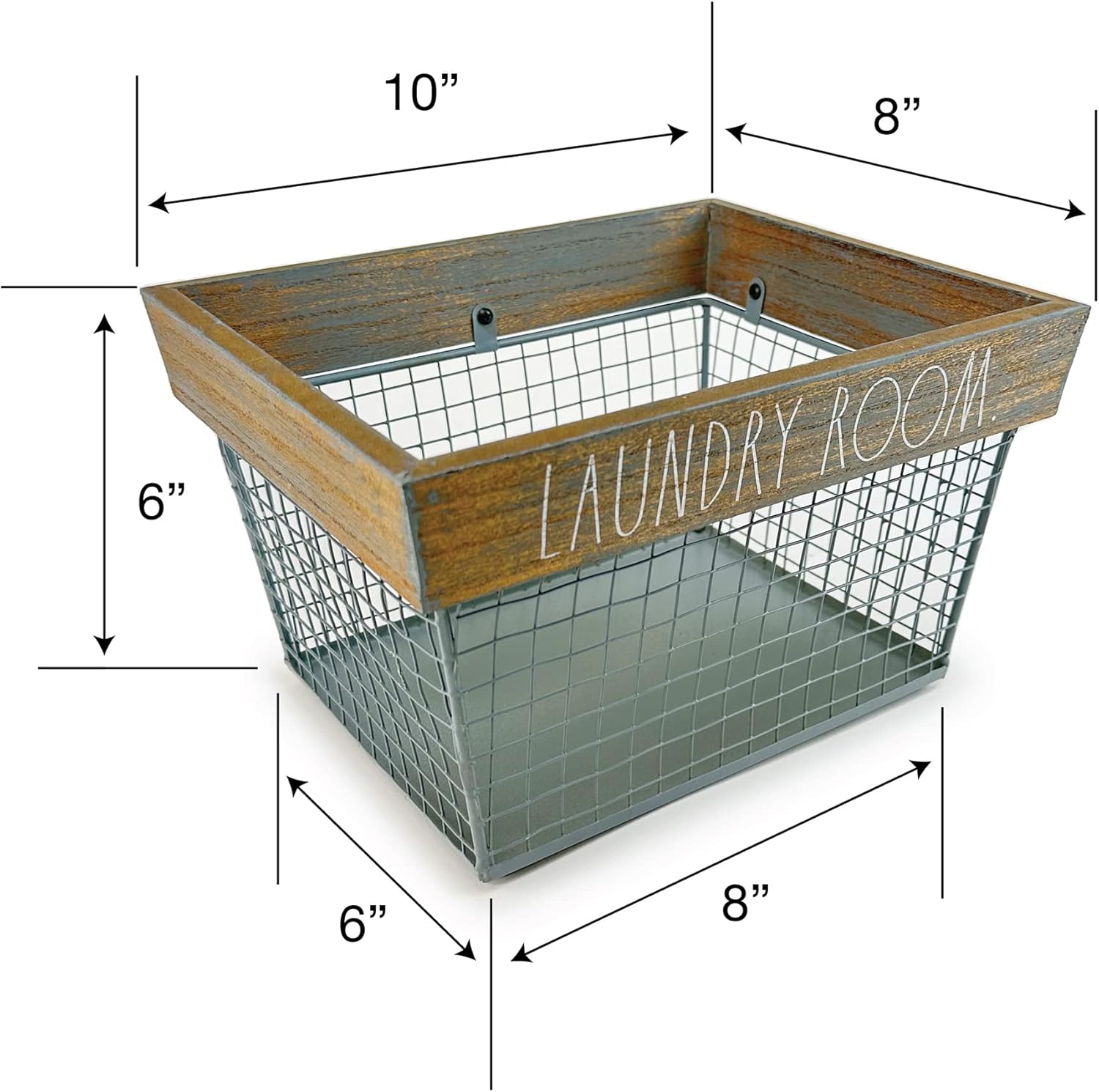 Rae Dunn Wire Laundry Basket Metal and Grey Wood