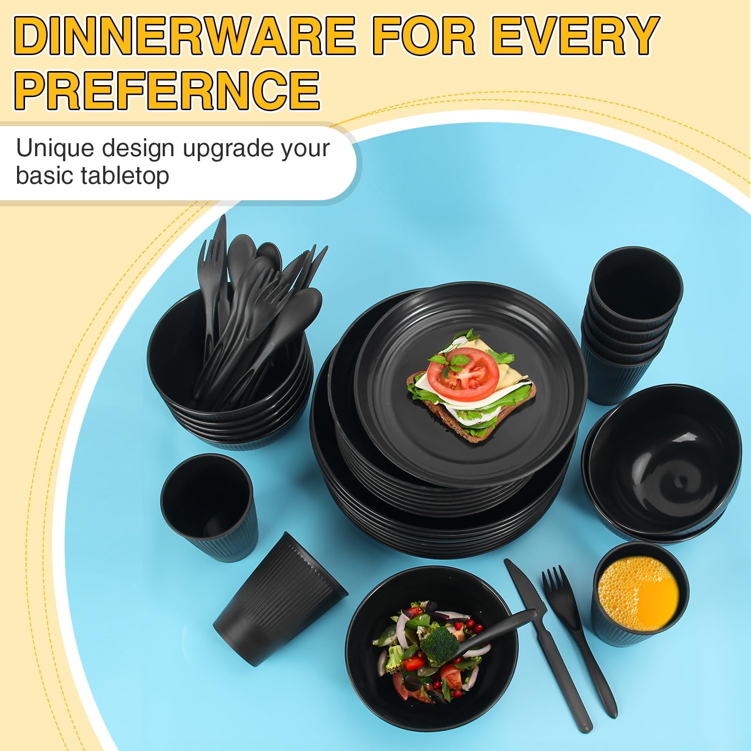LAERJIN 56 Piece Wheat Straw Dinnerware Set Unbreakable Eco-Friendly Black