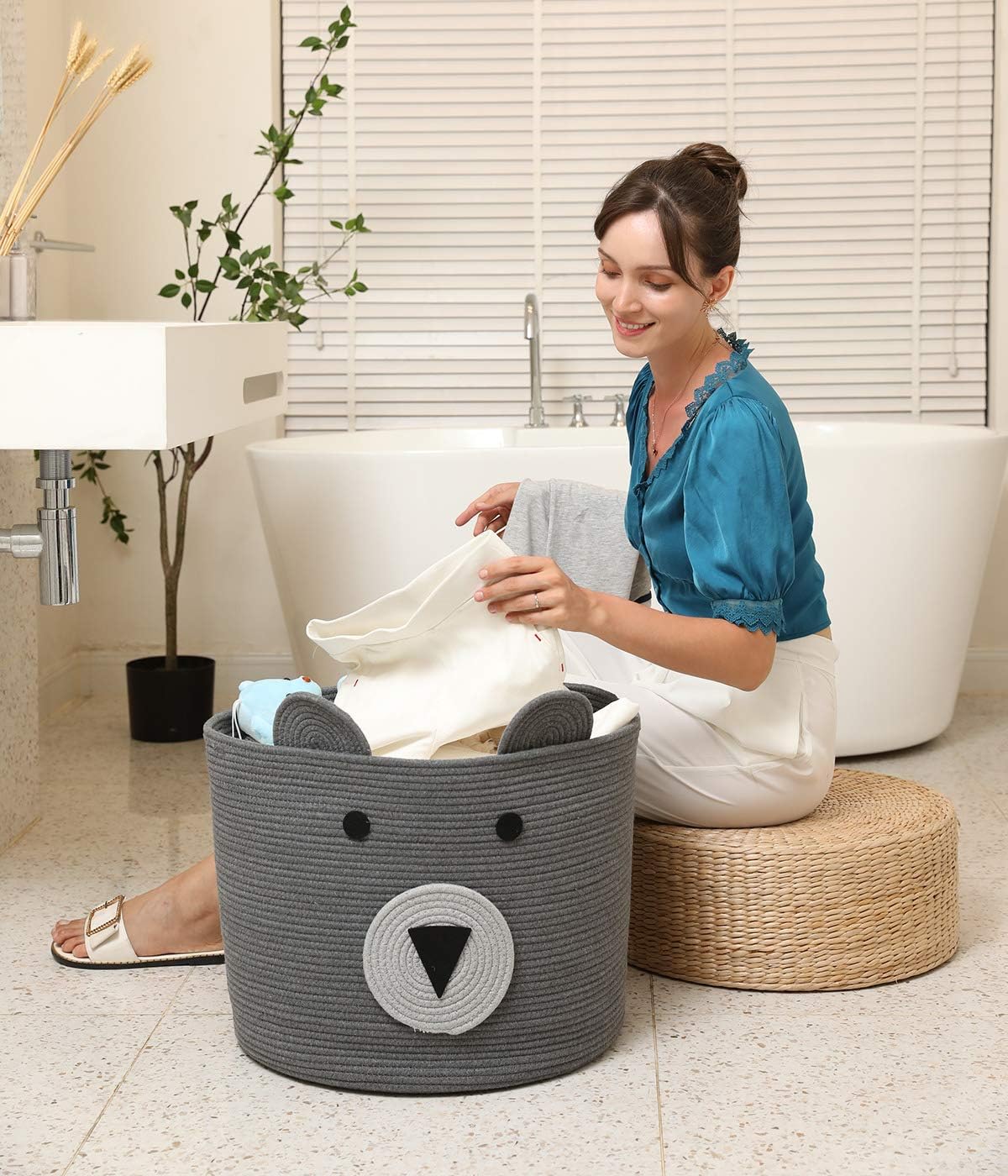 Bear Basket Large Cotton Rope Storage Basket - Grey 18x15
