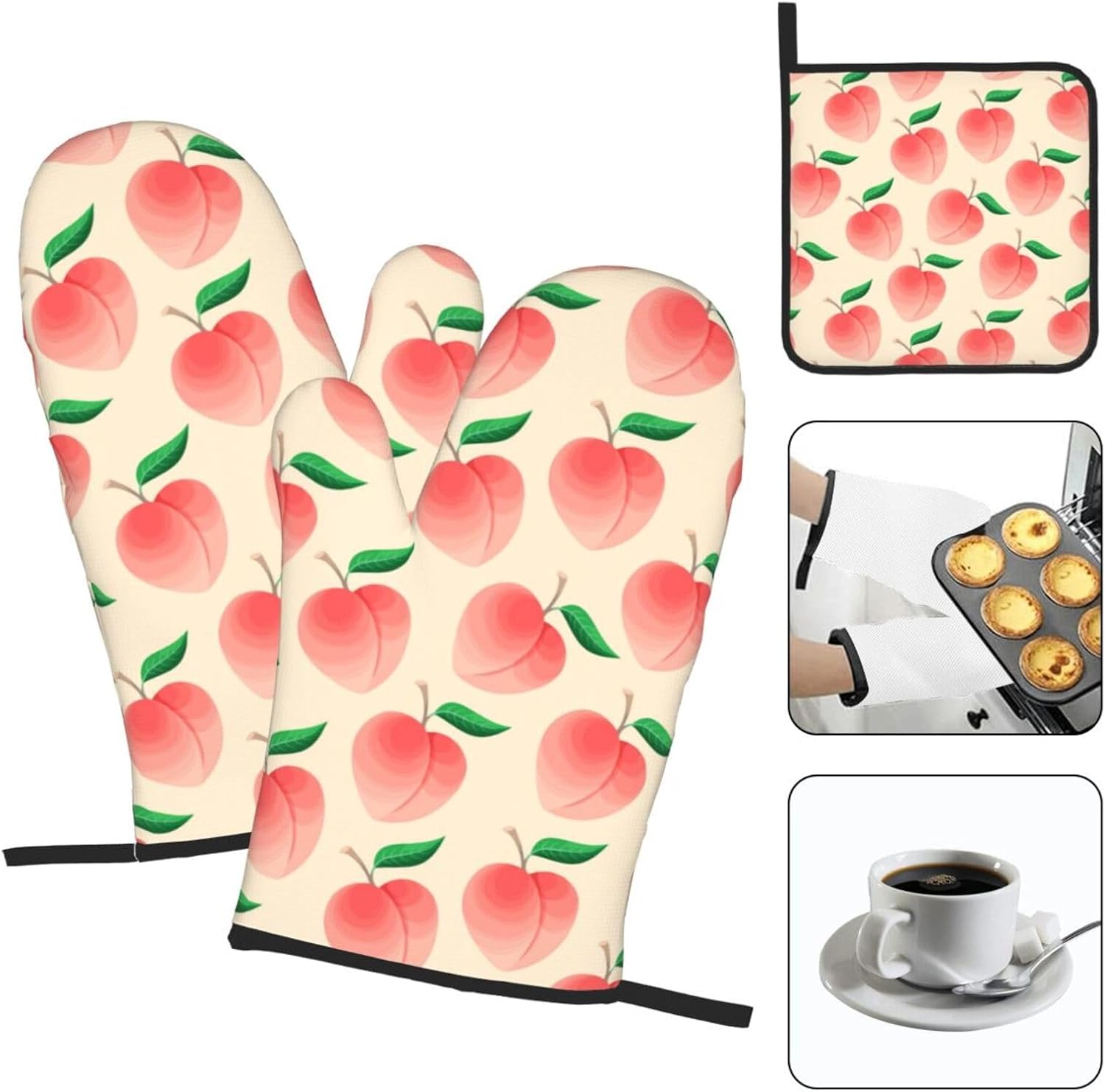 Peach Oven Mitts Set 3 Piece Non-Slip Heat Resistant Gloves