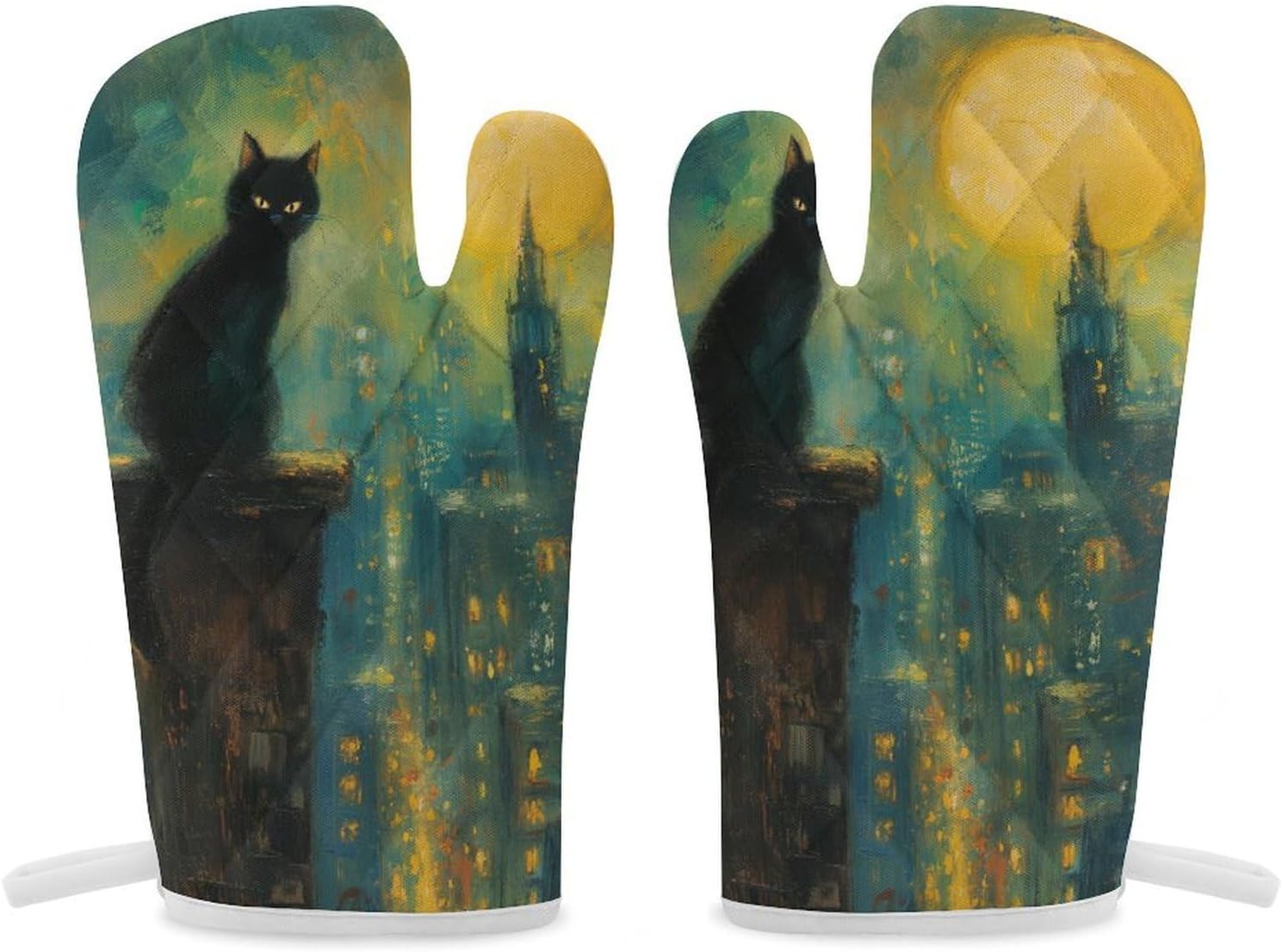 Black Cat Oven Mitts 2 Pcs Halloween Non-Slip Heat Resistant Baking Gloves