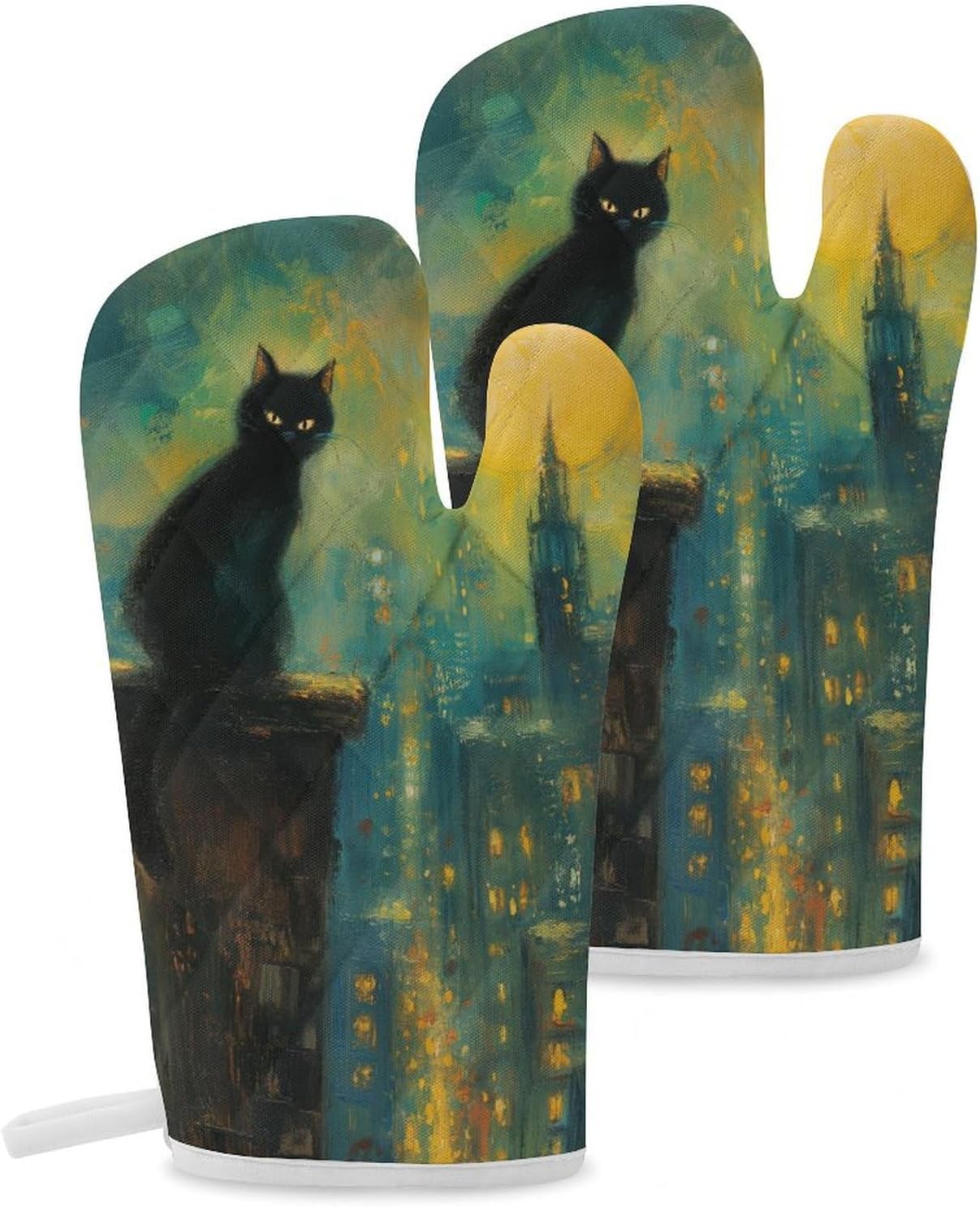 Black Cat Oven Mitts 2 Pcs Halloween Non-Slip Heat Resistant Baking Gloves