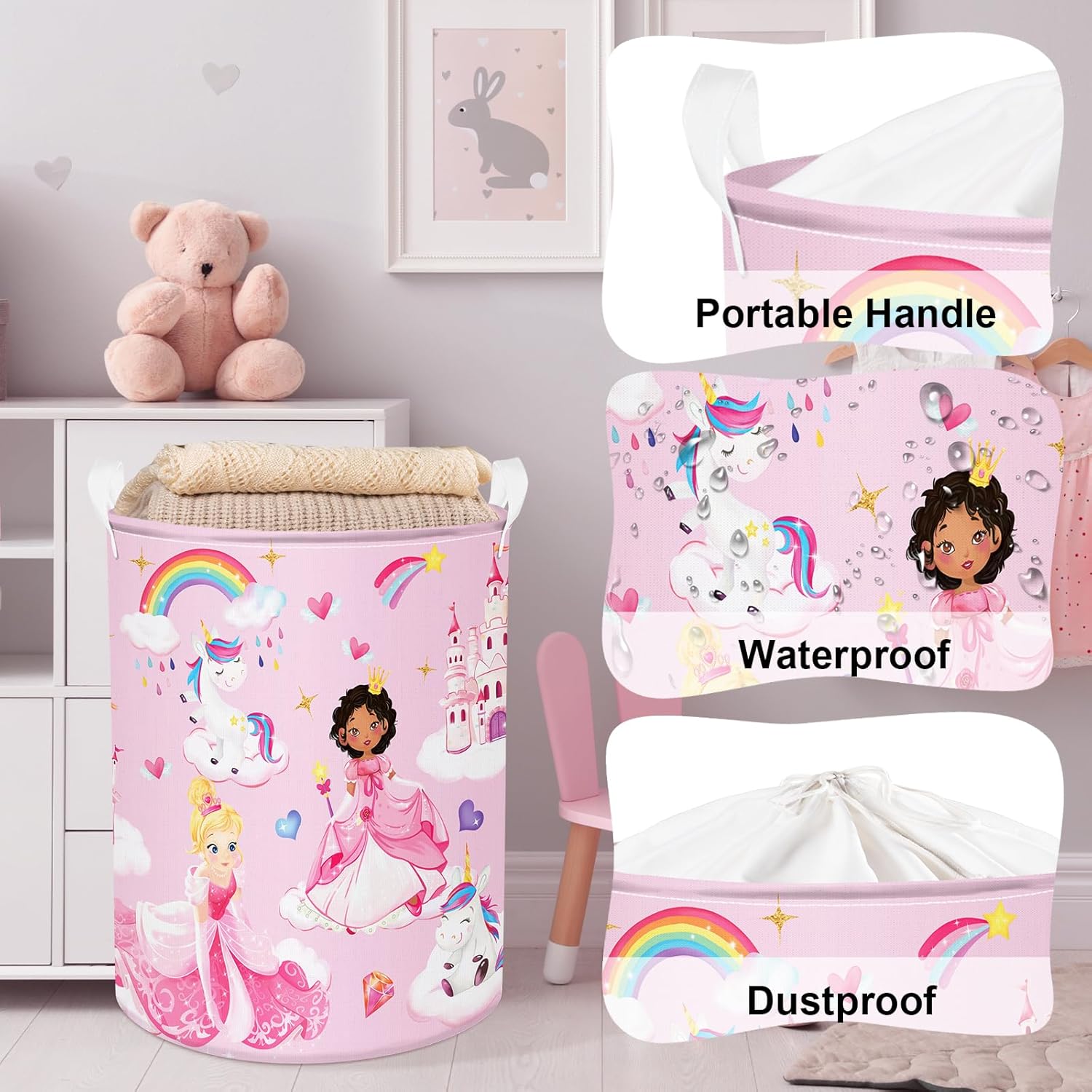 Clastyle Unicorn Princess Laundry Hamper with Lid and Handle
