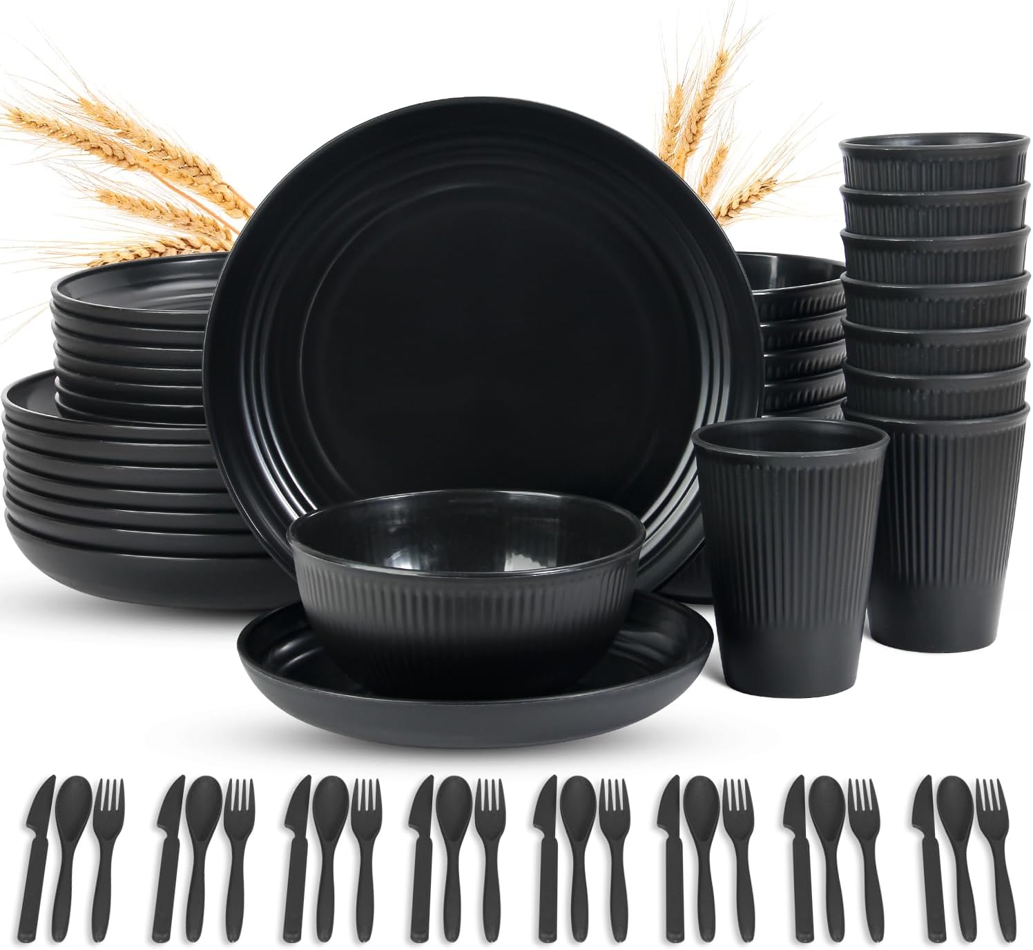 LAERJIN 56 Piece Wheat Straw Dinnerware Set Unbreakable Eco-Friendly Black