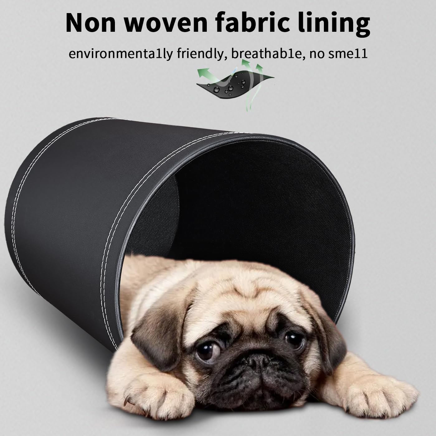 3 Pack Black Round PU Leather Wastebaskets for Home Office