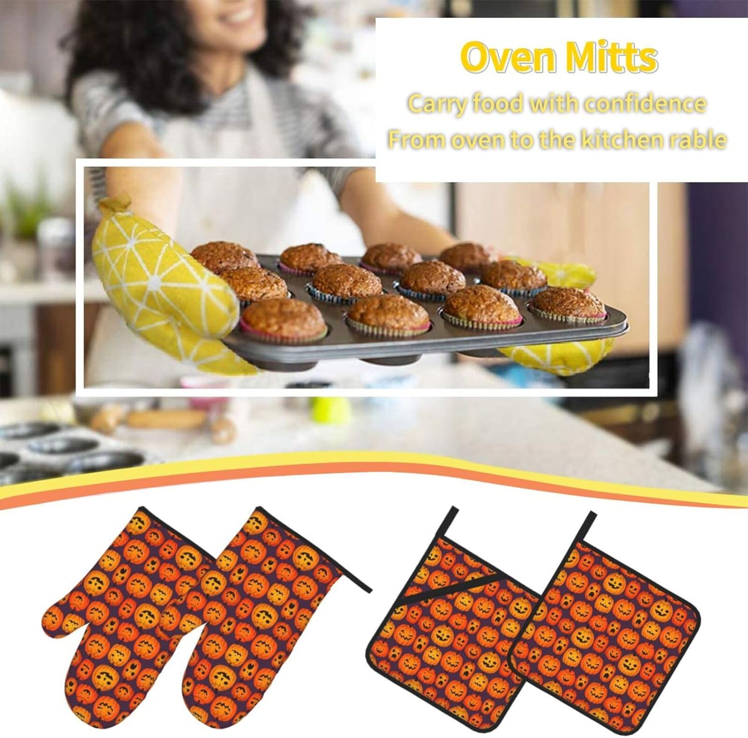Lukbfall Halloween Funny Pumpkins Oven Mitts 4 Pcs Set