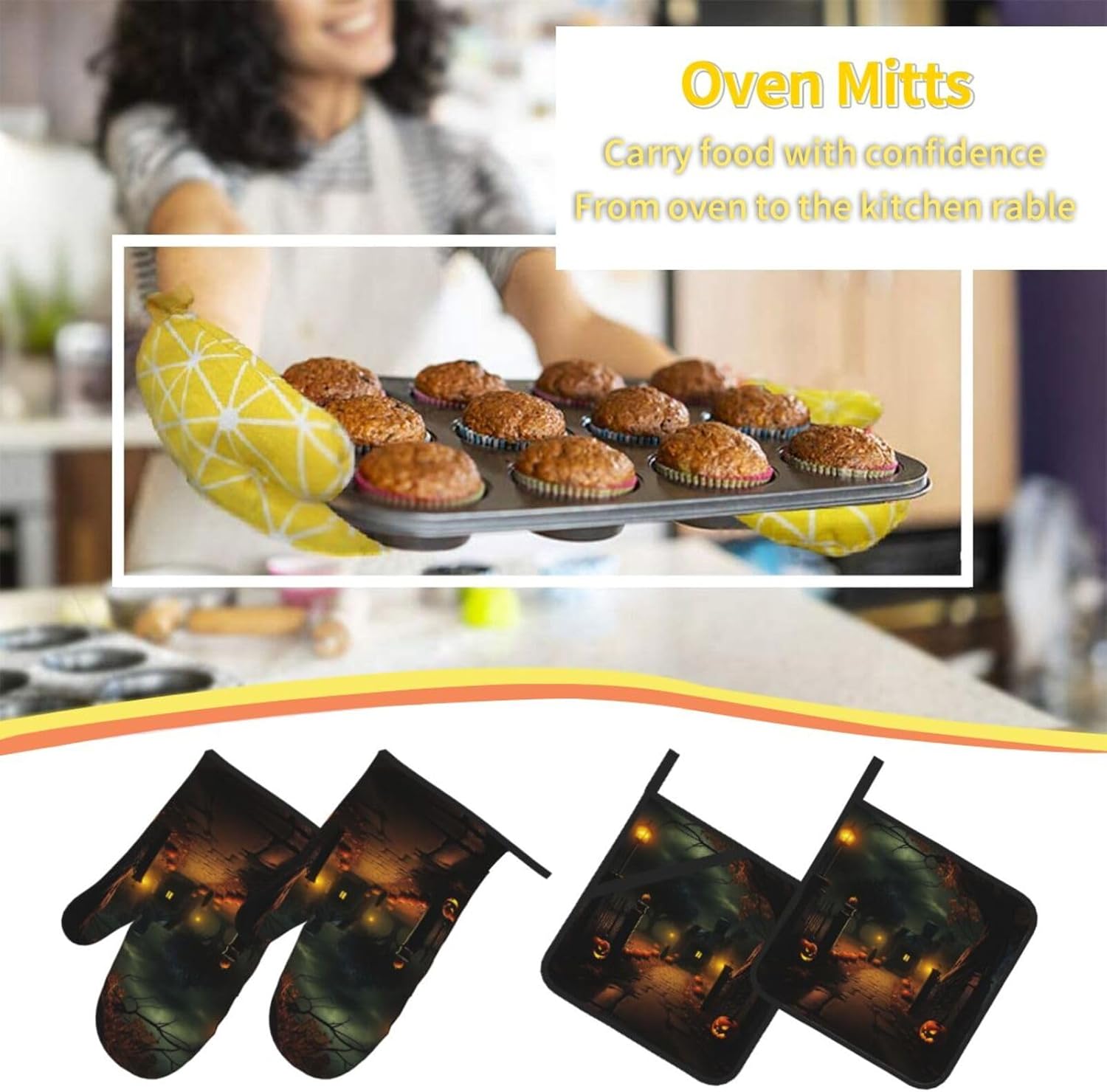 XTUAG Scary Halloween Oven Mitts 4 Pcs Set