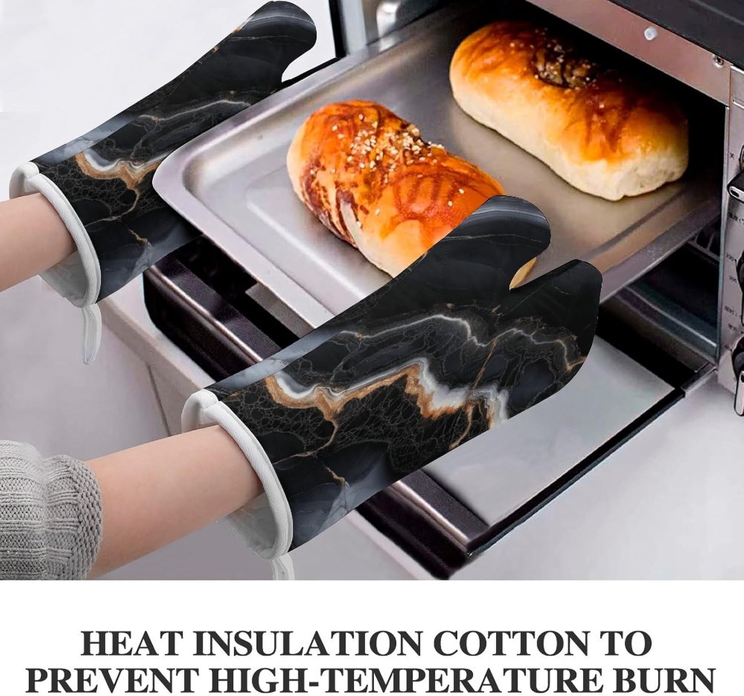 Zxxpensy Black Cream Marble Pattern Oven Mitts 2 Pcs