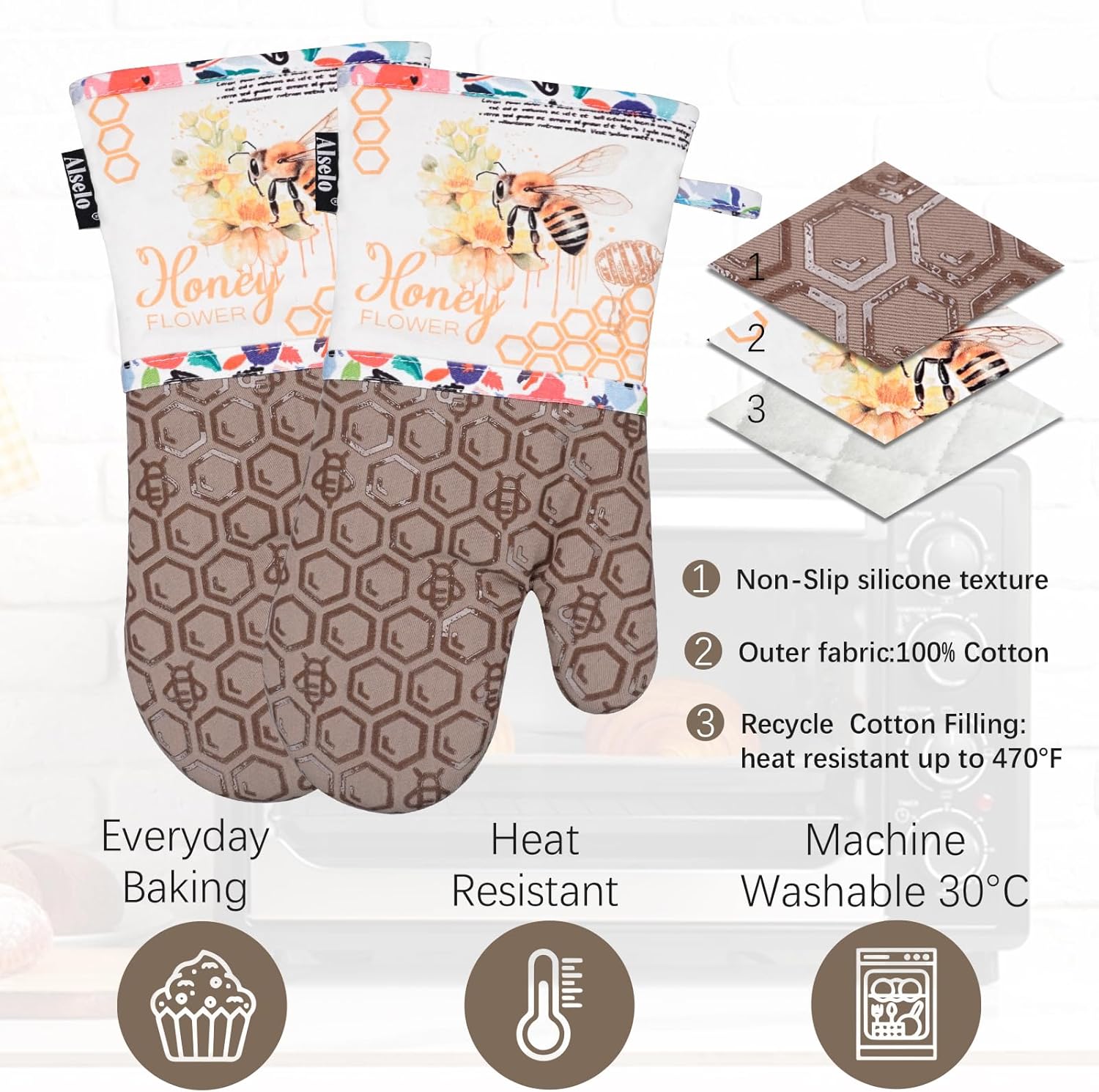 Alselo Oven Mitts Set of 2 with Soft Cotton Lining Khaki Bee Design
