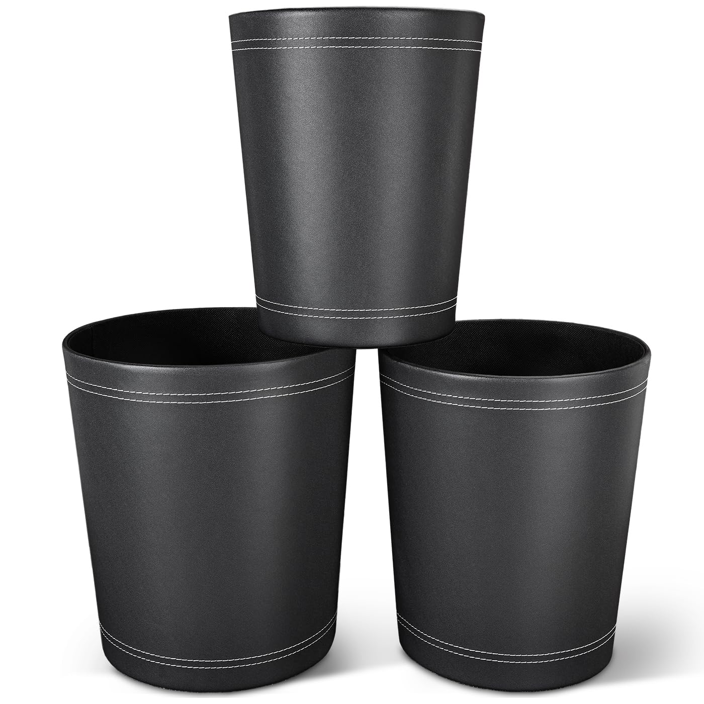 3 Pack Black Round PU Leather Wastebaskets for Home Office