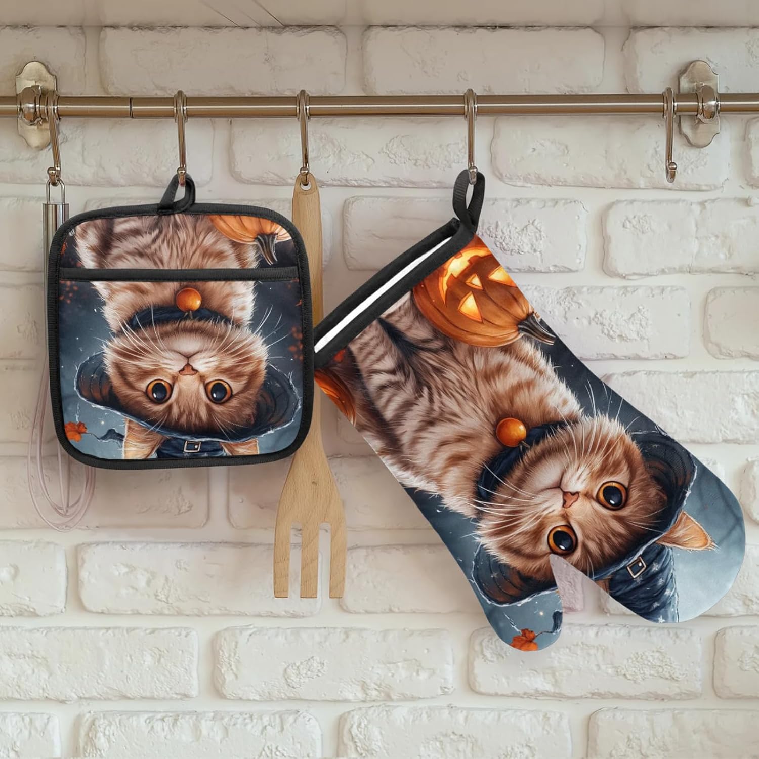 Aglebo Halloween Cute Cat Oven Mitts and Pot Holders Set of 2 1