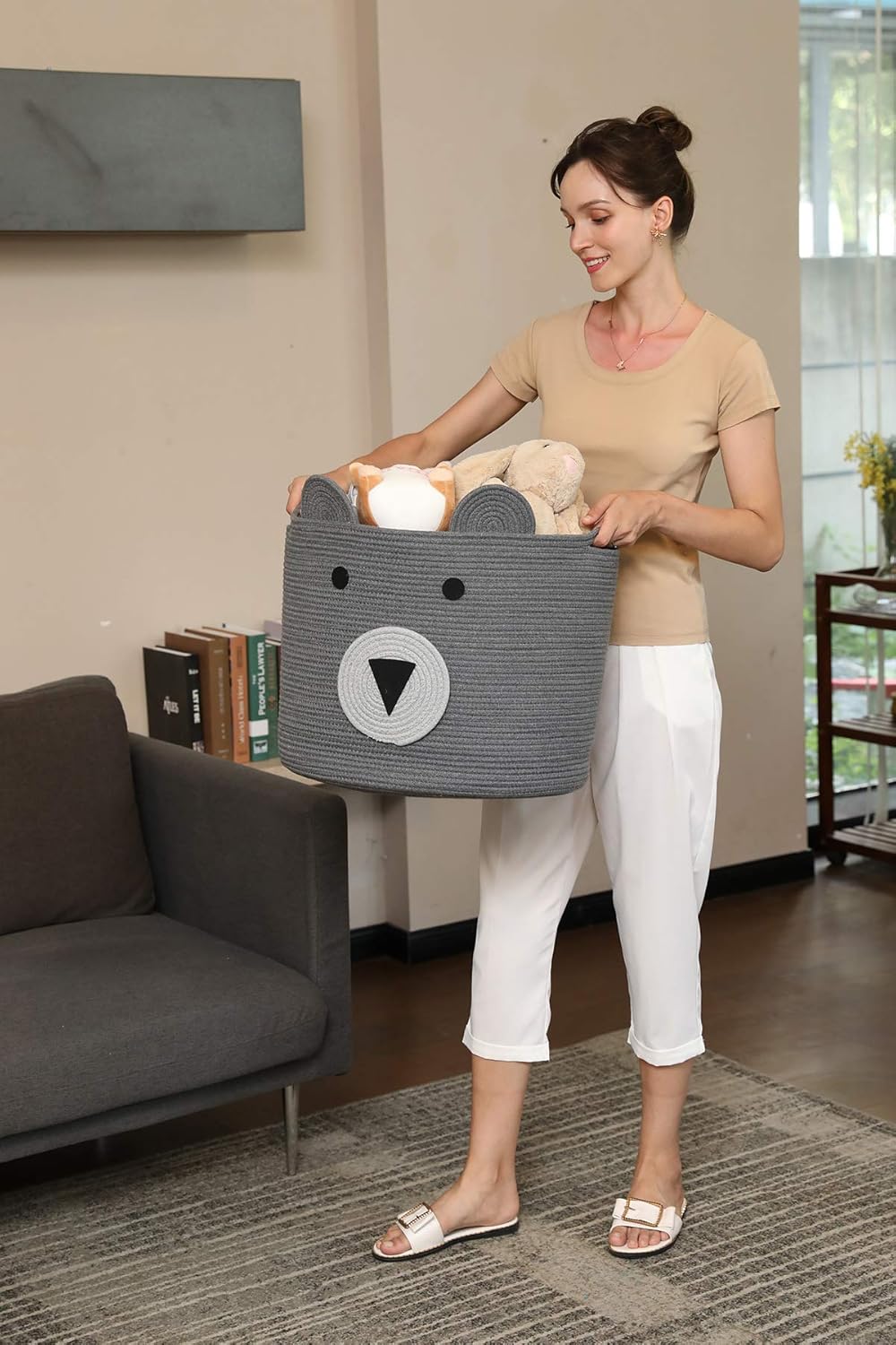 Bear Basket Large Cotton Rope Storage Basket - Grey 18x15
