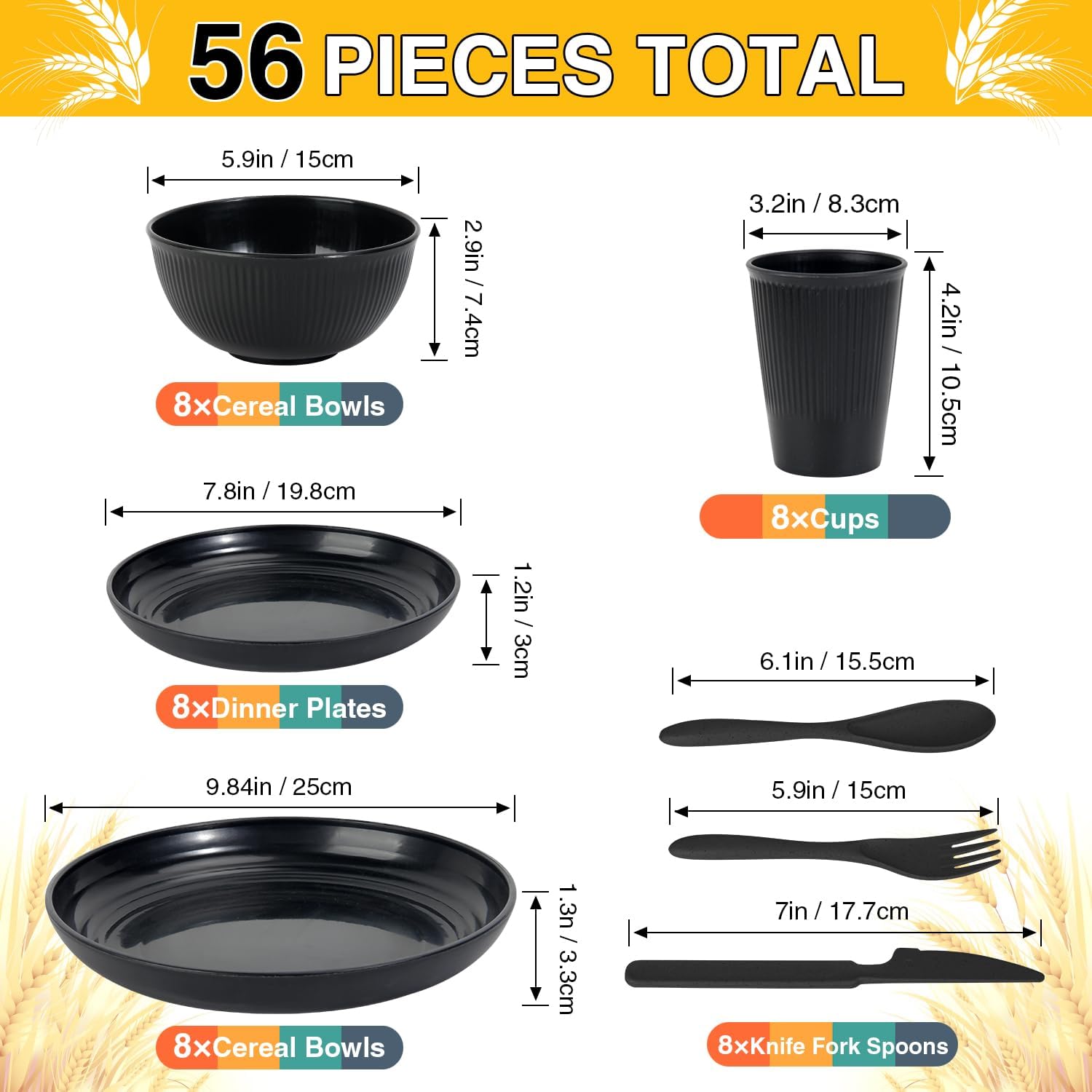 LAERJIN 56 Piece Wheat Straw Dinnerware Set Unbreakable Eco-Friendly Black