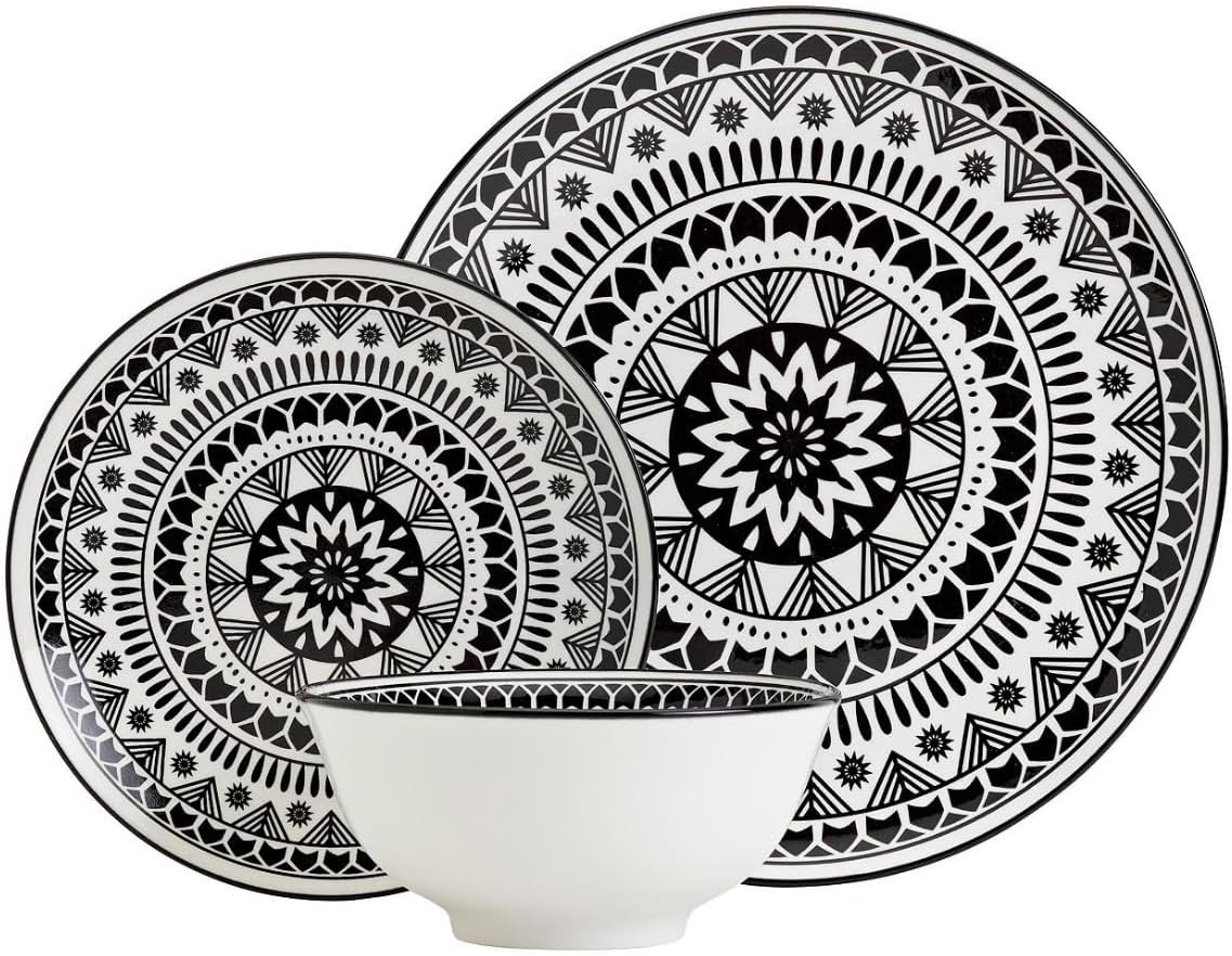 12 Piece Black Pad Print Dinnerware Set 1