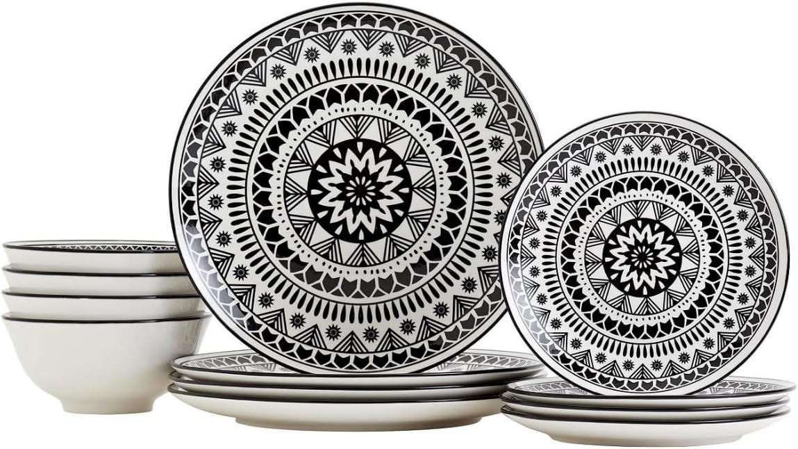 12 Piece Black Pad Print Dinnerware Set 1