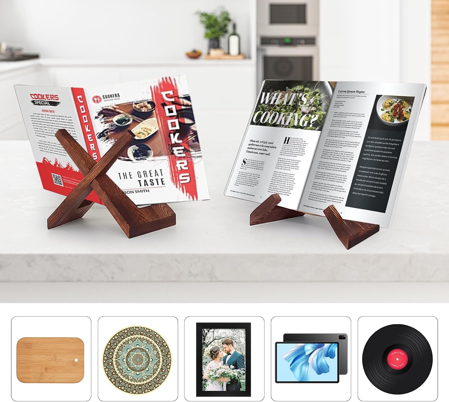 Wooden Cookbook Stand for Kitchen Counter Set of 2 1
