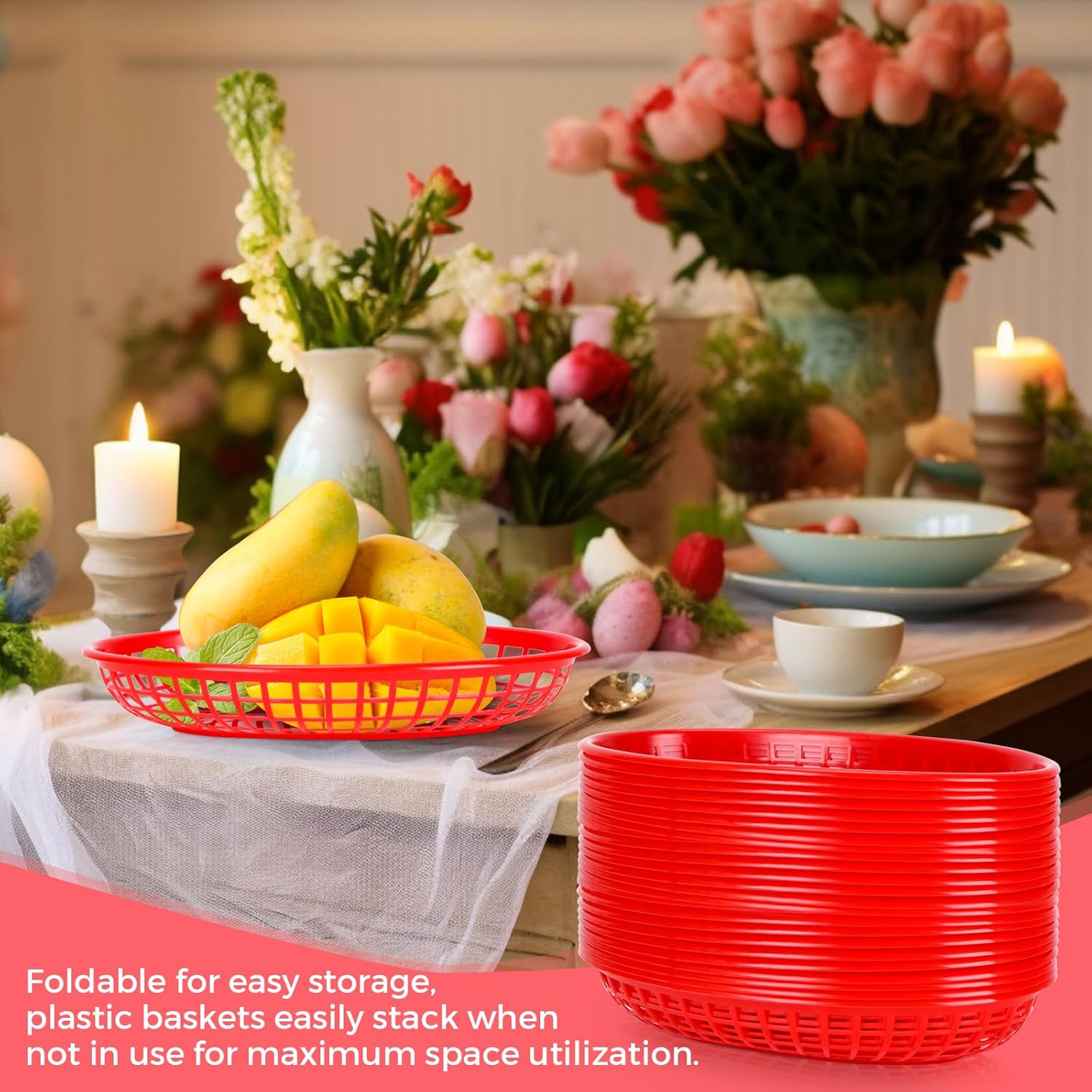 50 Pack Red Plastic Food Baskets for Serving