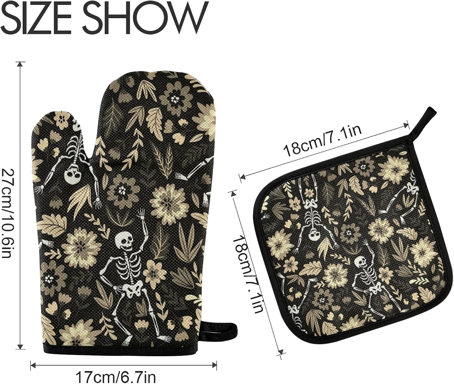 Poeticcity Halloween Sugar Skull Oven Mitts Set Heat Resistant Kitchen Gloves and Potholders