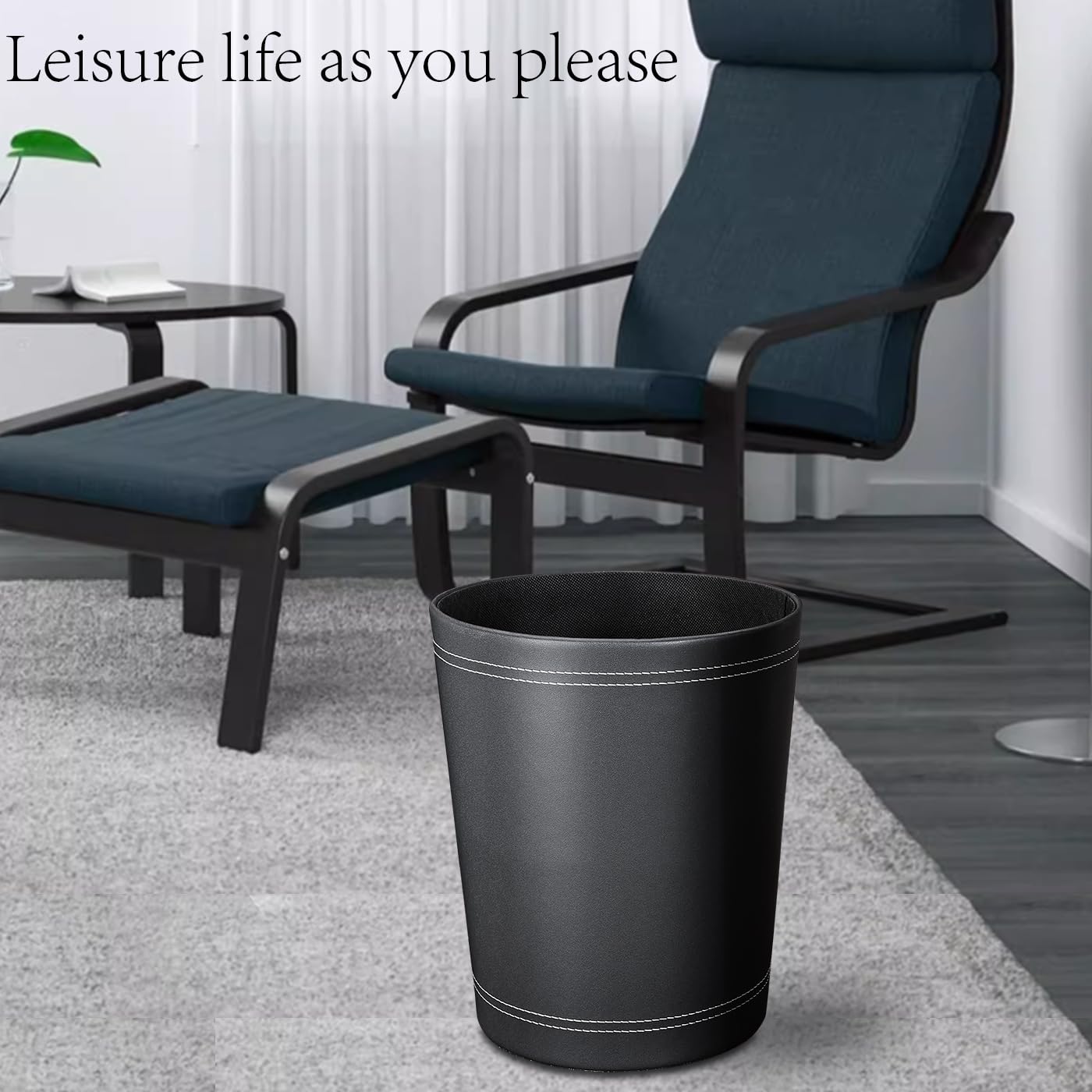 3 Pack Black Round PU Leather Wastebaskets for Home Office