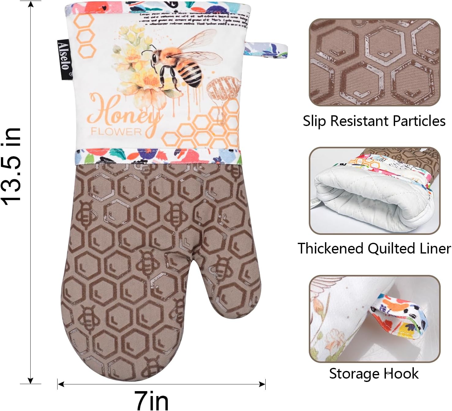 Alselo Oven Mitts Set of 2 with Soft Cotton Lining Khaki Bee Design