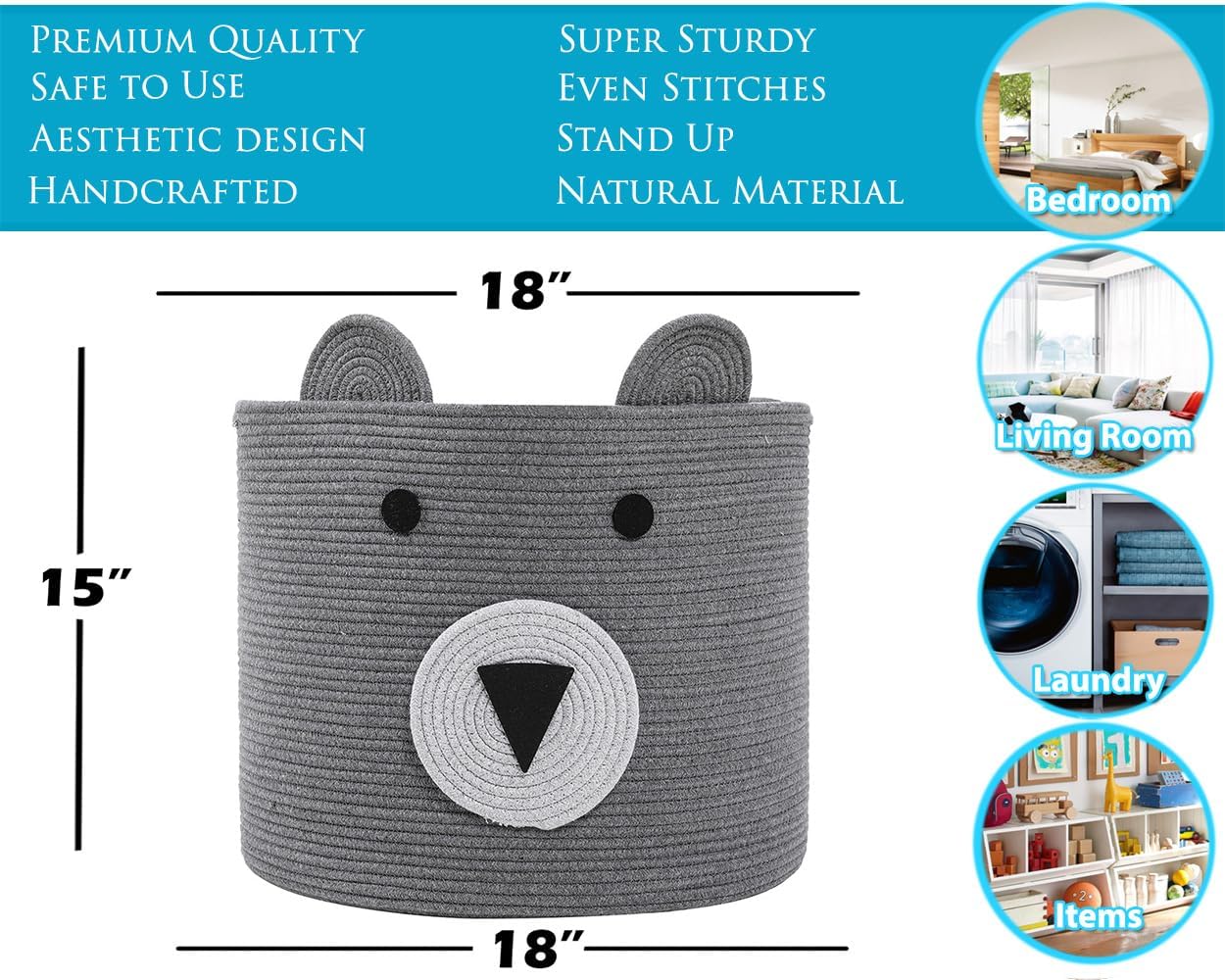 Bear Basket Large Cotton Rope Storage Basket - Grey 18x15