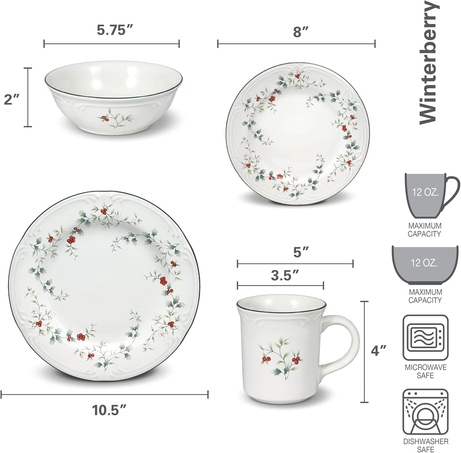 Pfaltzgraff Winterberry 16-Piece Dinnerware Set Service for 4 White