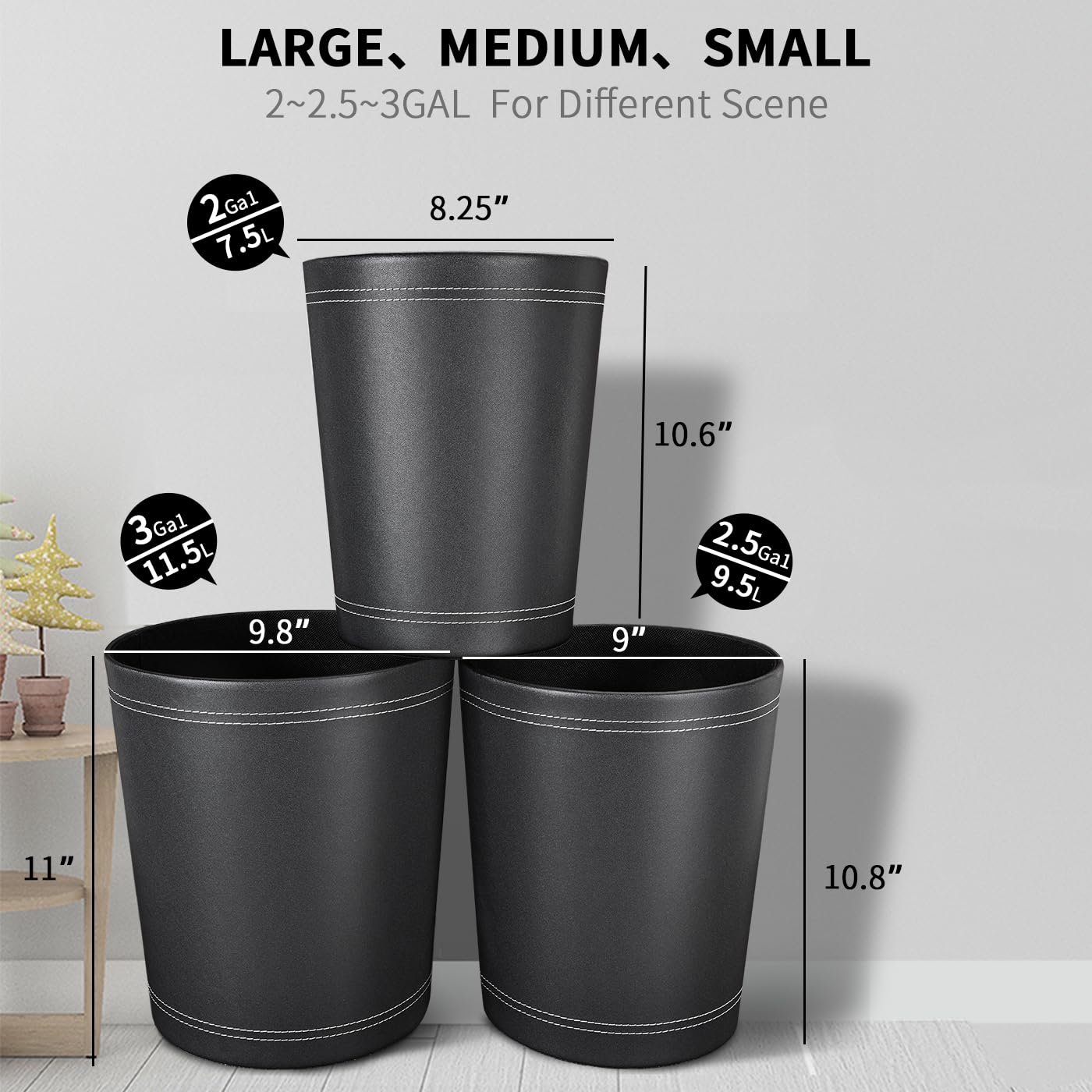 3 Pack Black Round PU Leather Wastebaskets for Home Office